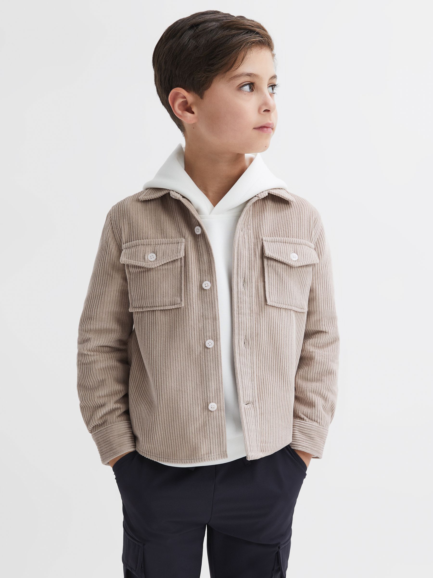 Junior Corduroy Twin Pocket Overshirt in Mink - Image 1 of 6 Junior Corduroy Twin Pocket Overshirt in Mink - Image 1 of 6