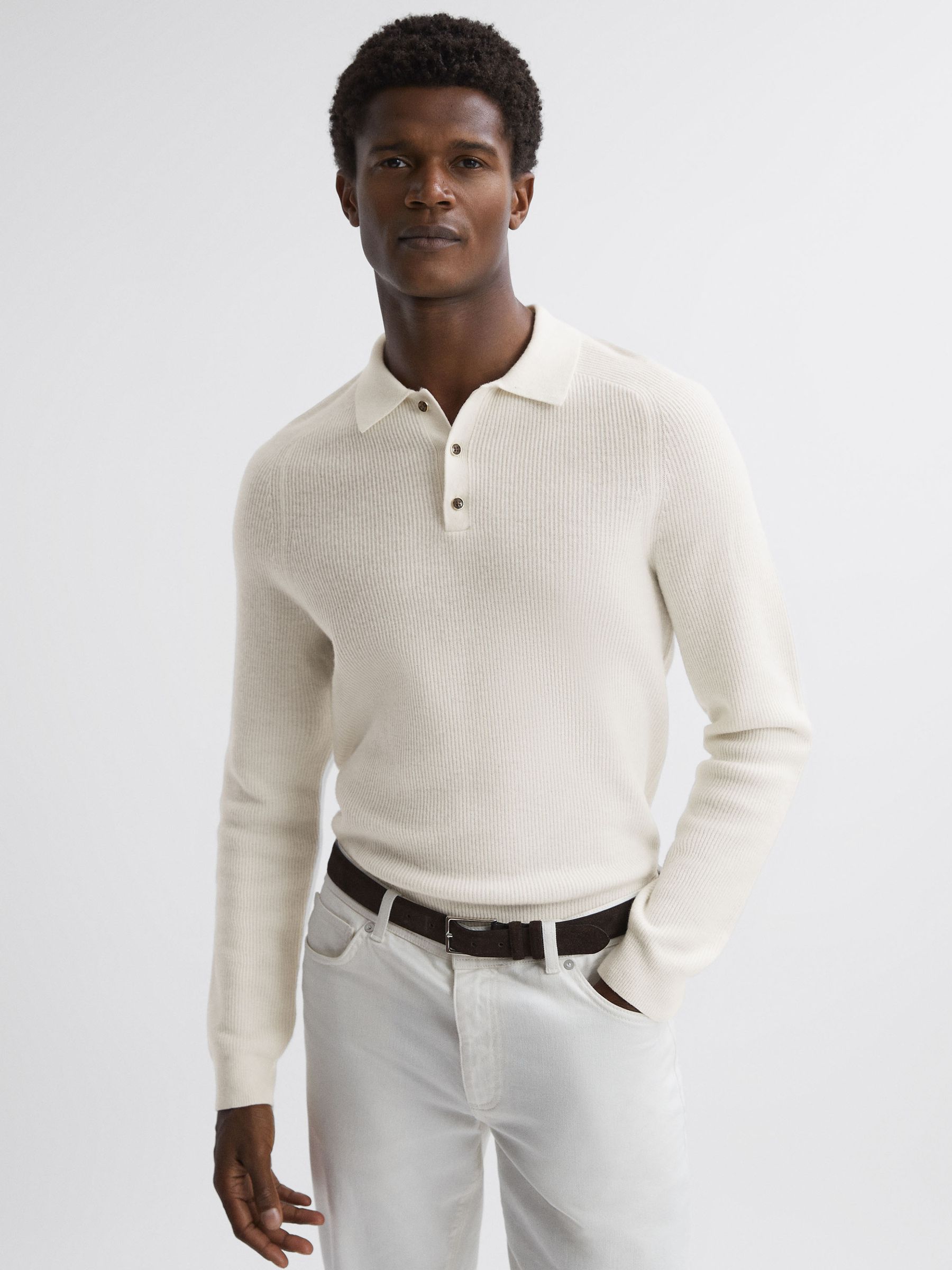 Reiss Wool Long Sleeve Polo Shirt in Ecru | REISS