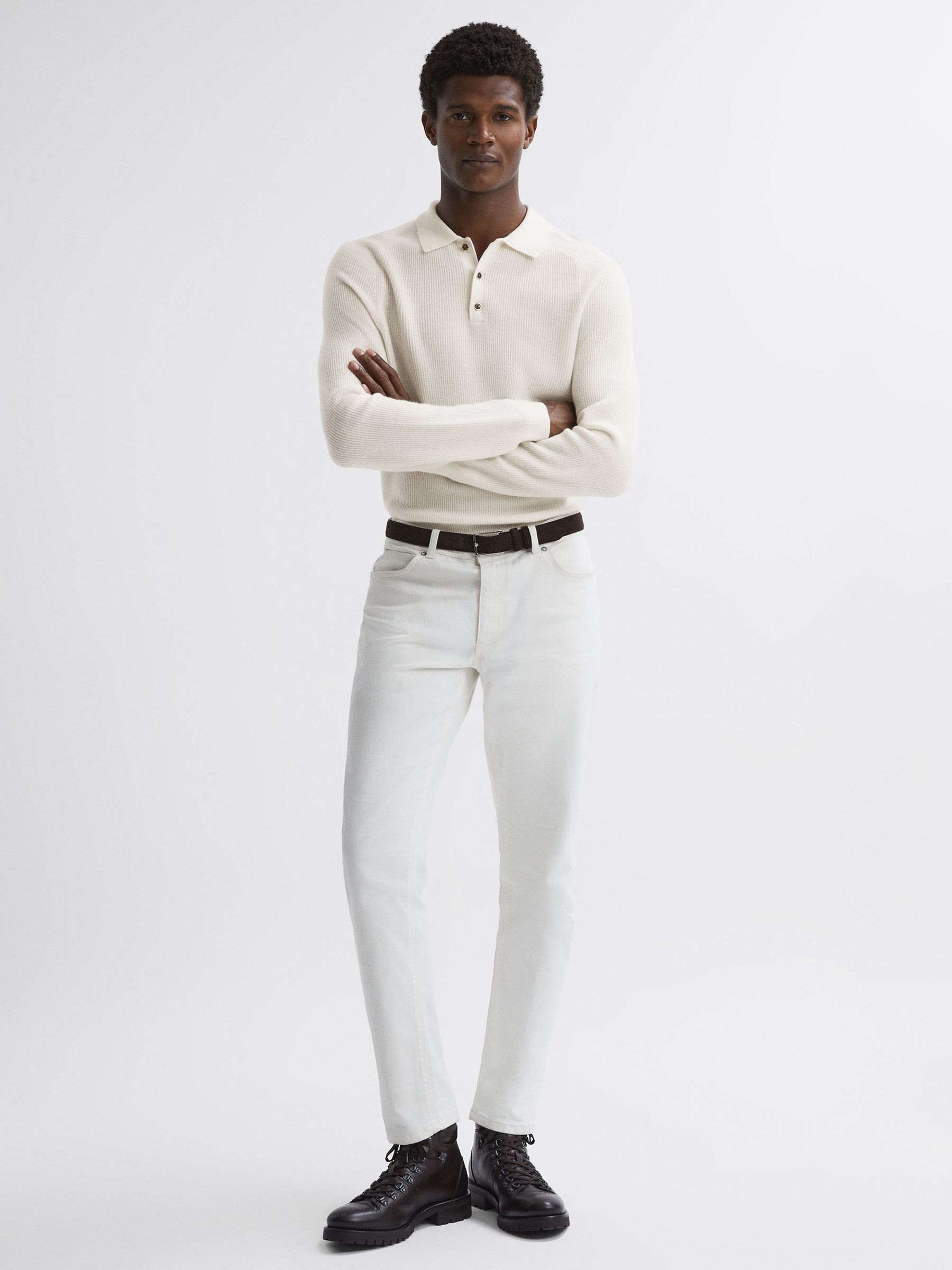 Wool Long Sleeve Polo Shirt in Ecru - Image 3 of 5