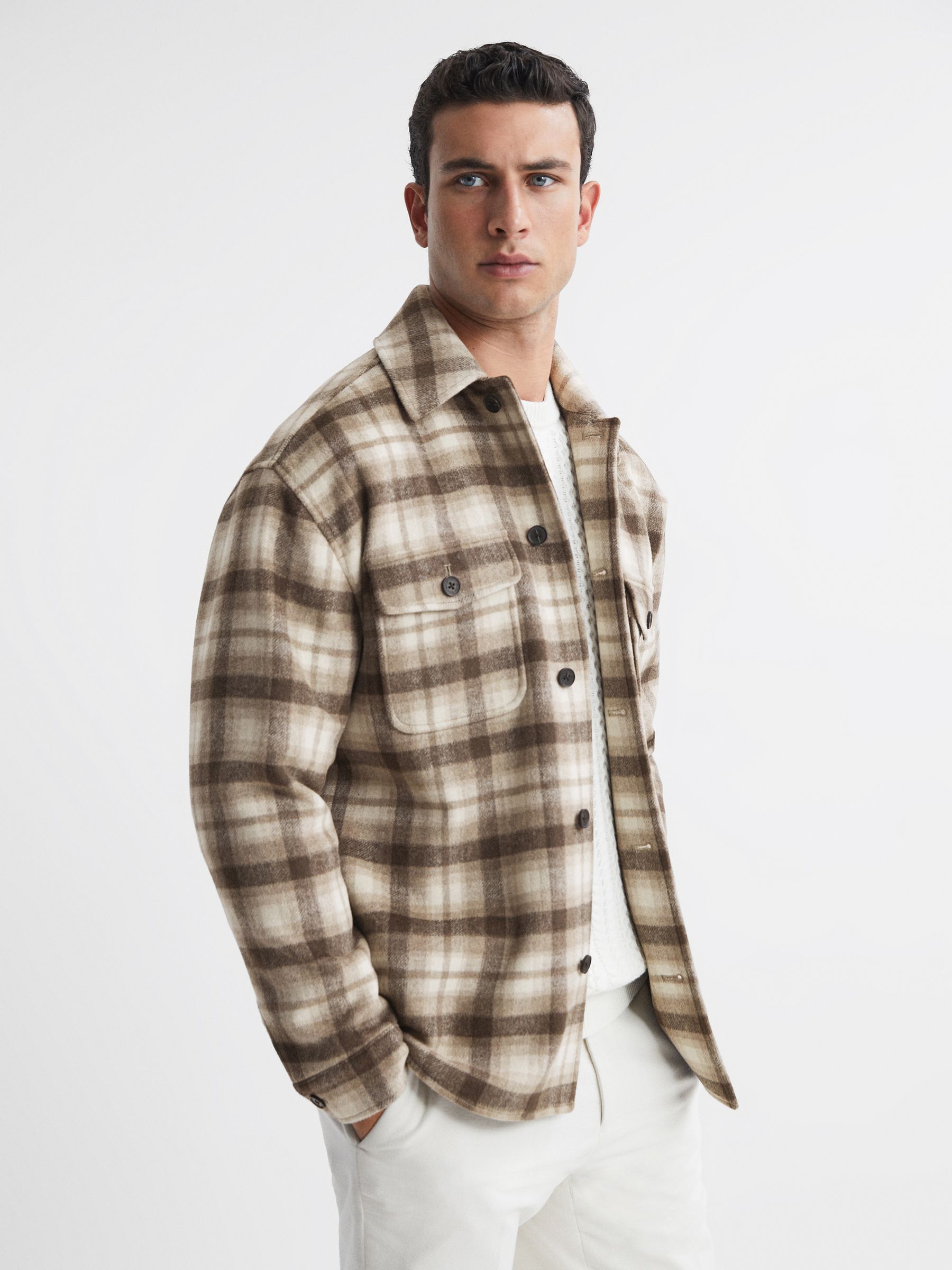 Brushed Checked Overshirt in Oatmeal - Image 4 of 5