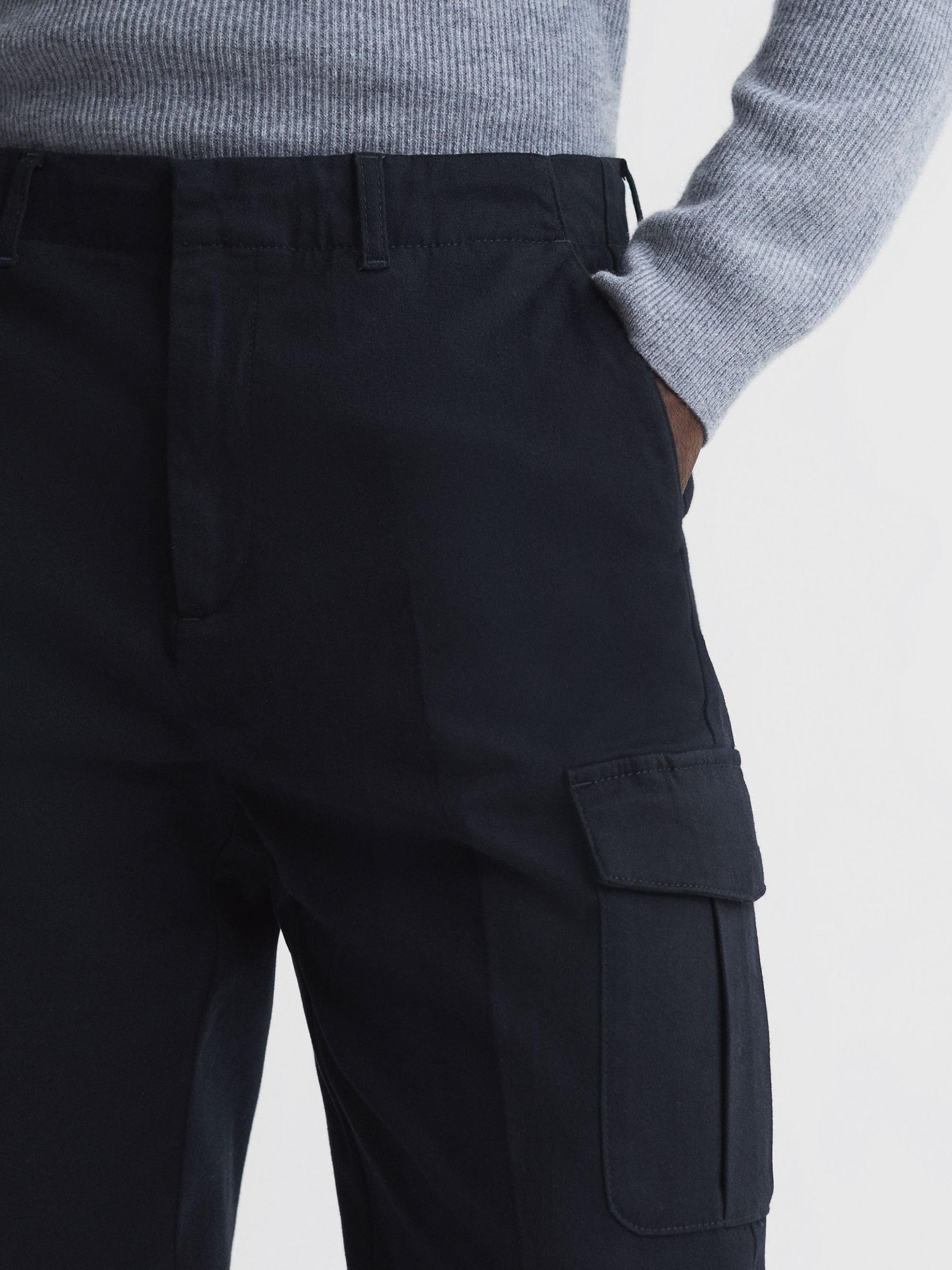 Tapered Brushed Cotton Cargo Trousers in Steel Blue - Image 4 of 5