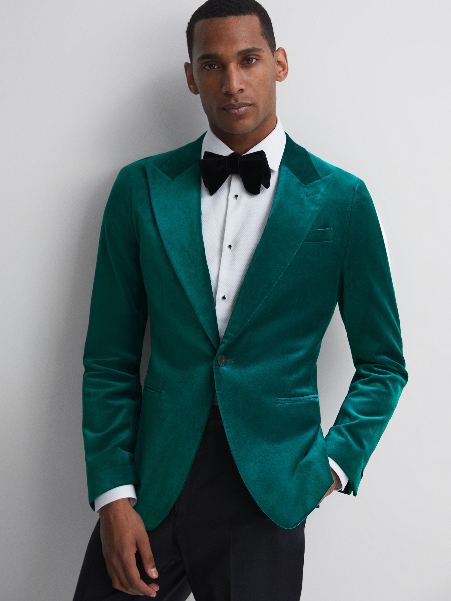 Slim Fit Velvet Single Breasted Blazer in Turquoise - Image 1 of 7