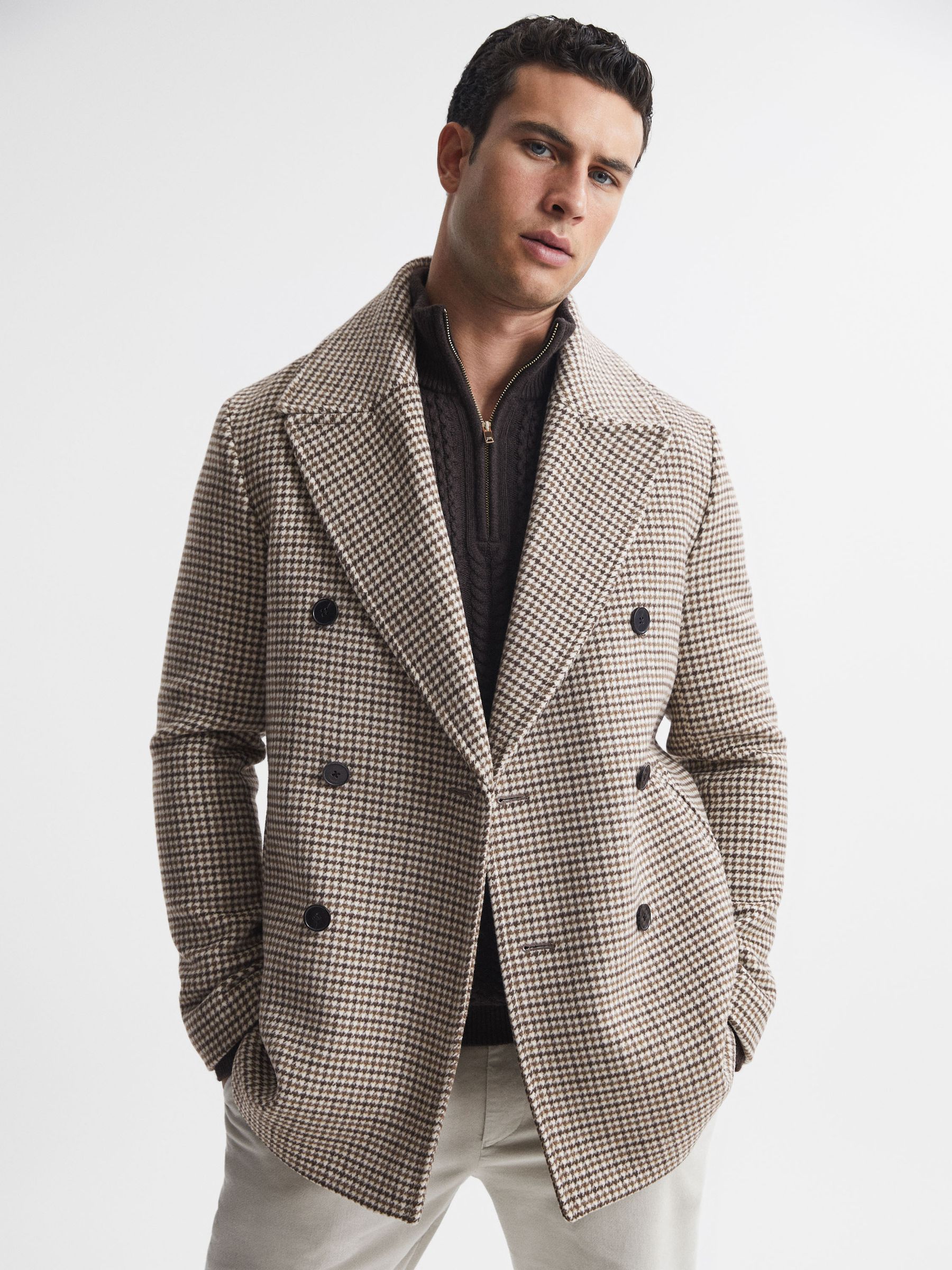 Wool Dogtooth Double Breasted Coat in Oatmeal - Image 4 of 5