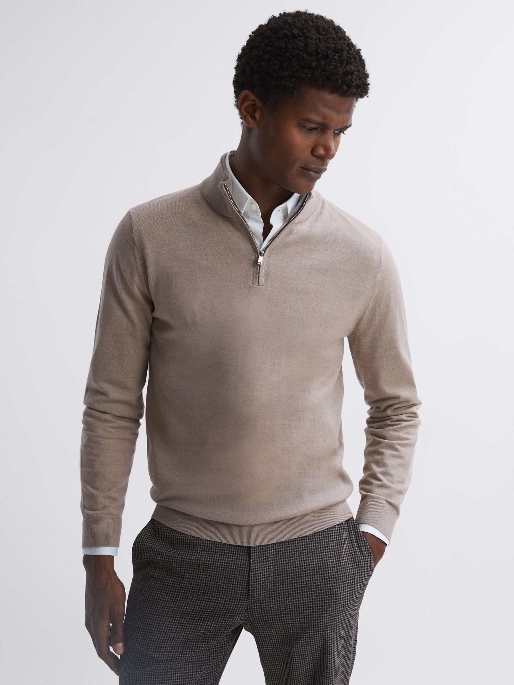 Reiss Merino Wool Half-Zip Funnel Neck Jumper in Mink REISS