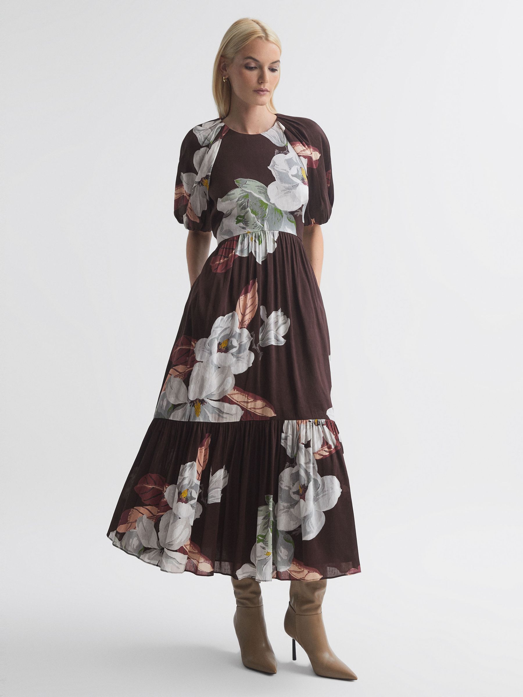 Florere Linen Silk Puff Sleeve Midi Dress in Chocolate - Image 1 of 6