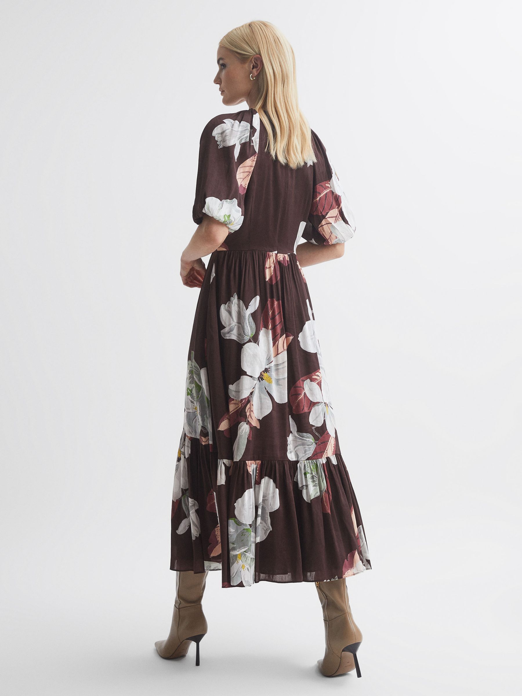 Florere Linen Silk Puff Sleeve Midi Dress in Chocolate - Image 4 of 6