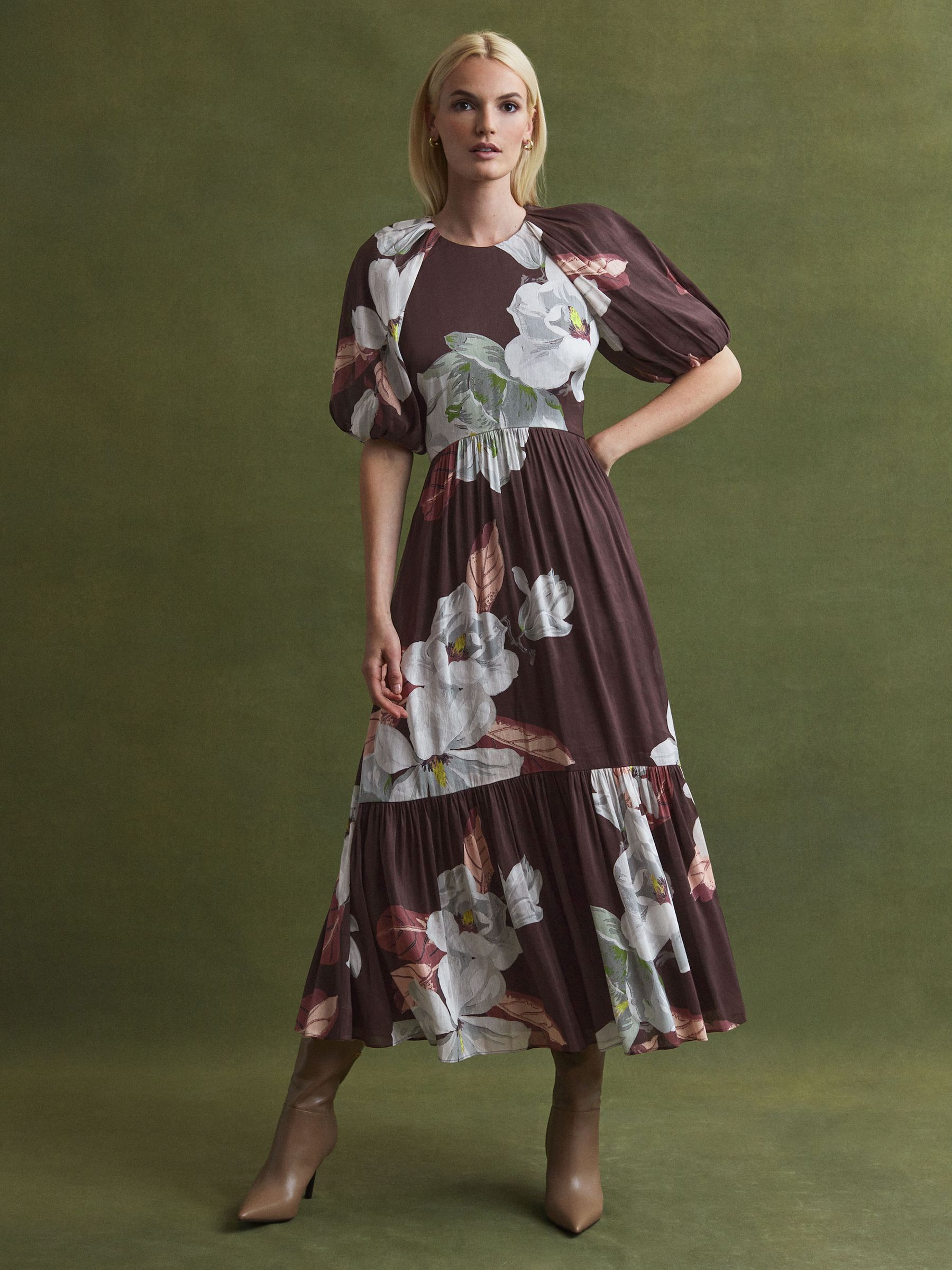 Florere Linen Silk Puff Sleeve Midi Dress in Chocolate - Image 5 of 6