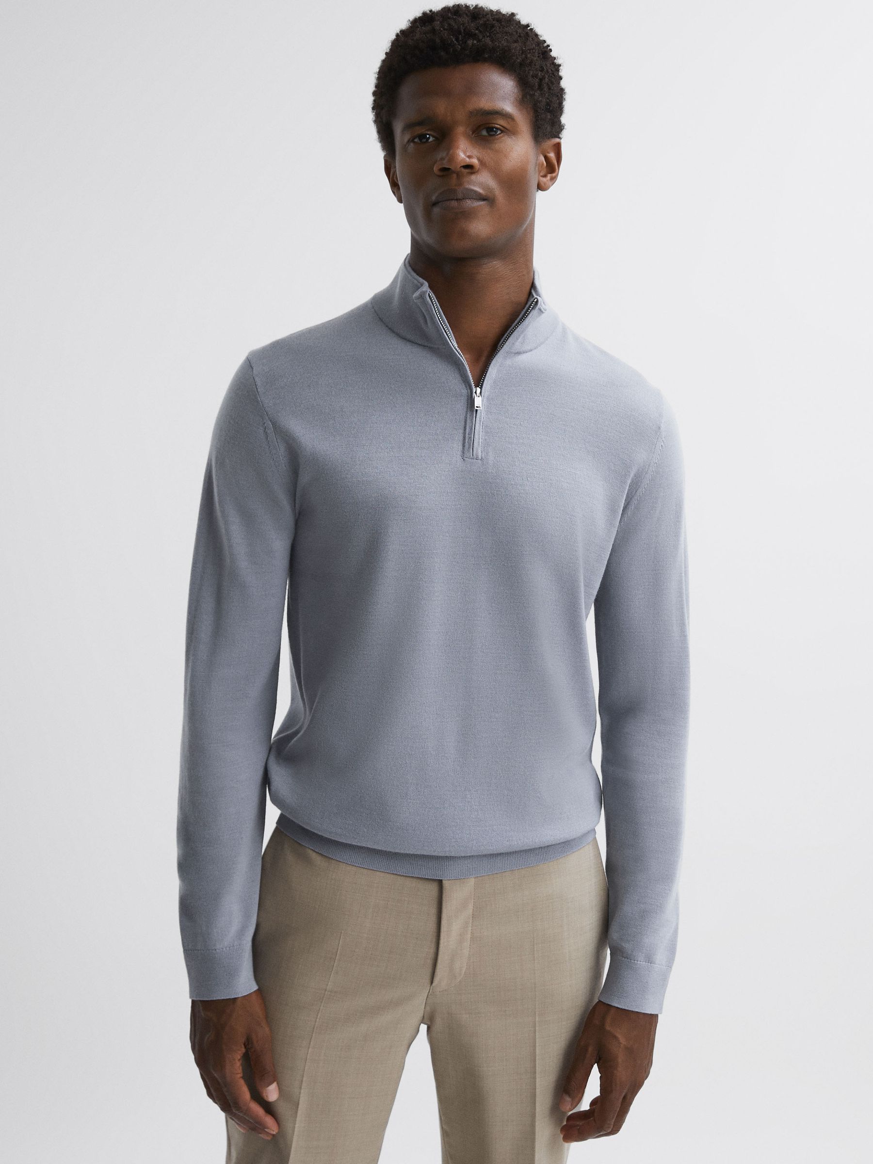 Merino Wool Half-Zip Funnel Neck Jumper in Porcelain Blue - Image 1 of 5
