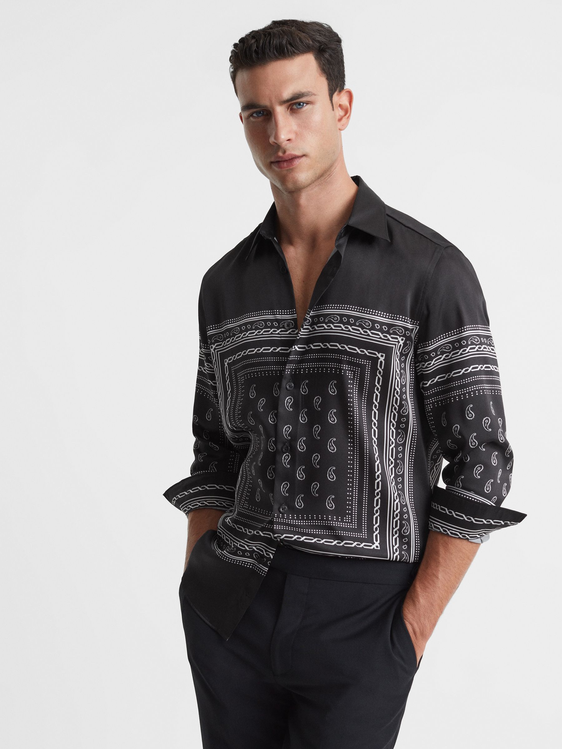 Paisley Button-Through Shirt in Black/White - Image 1 of 4