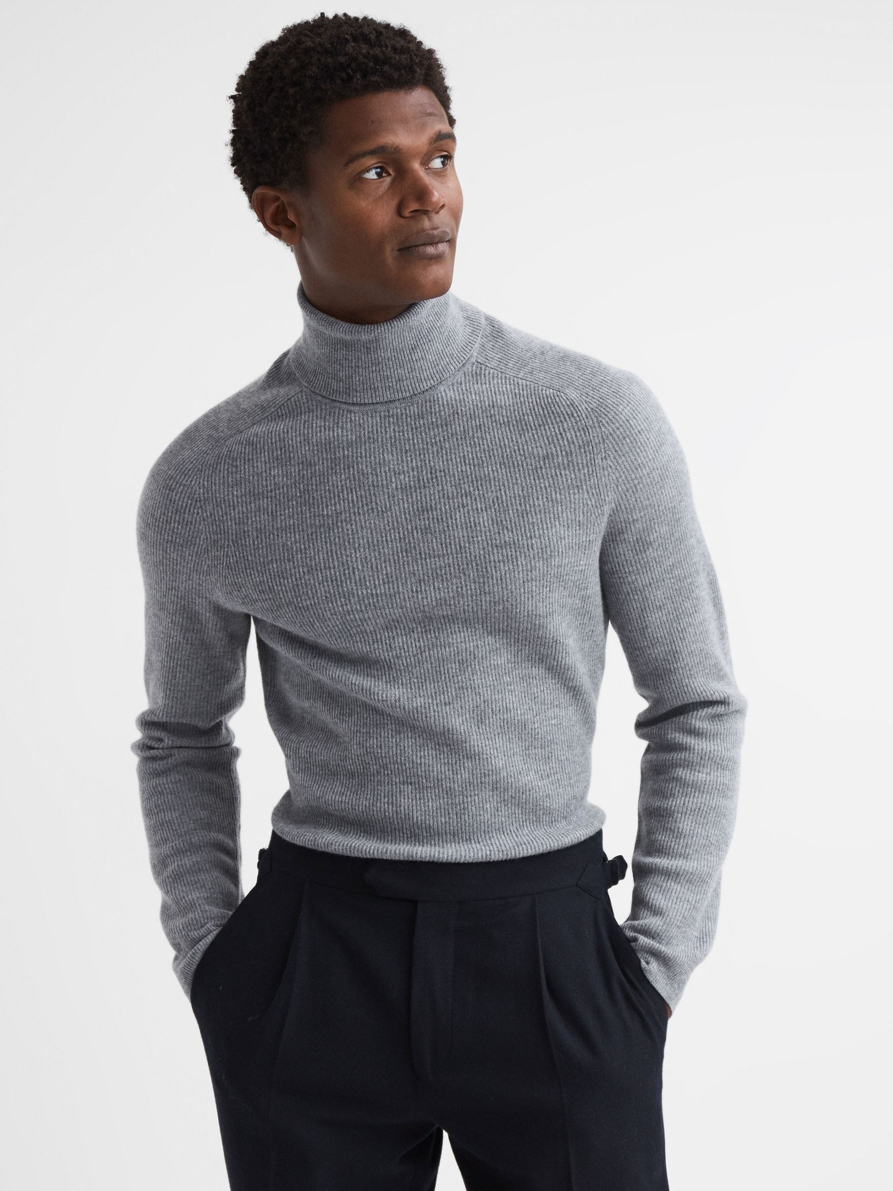 Slim Fit Wool Roll Neck Jumper in Grey Melange - Image 1 of 5