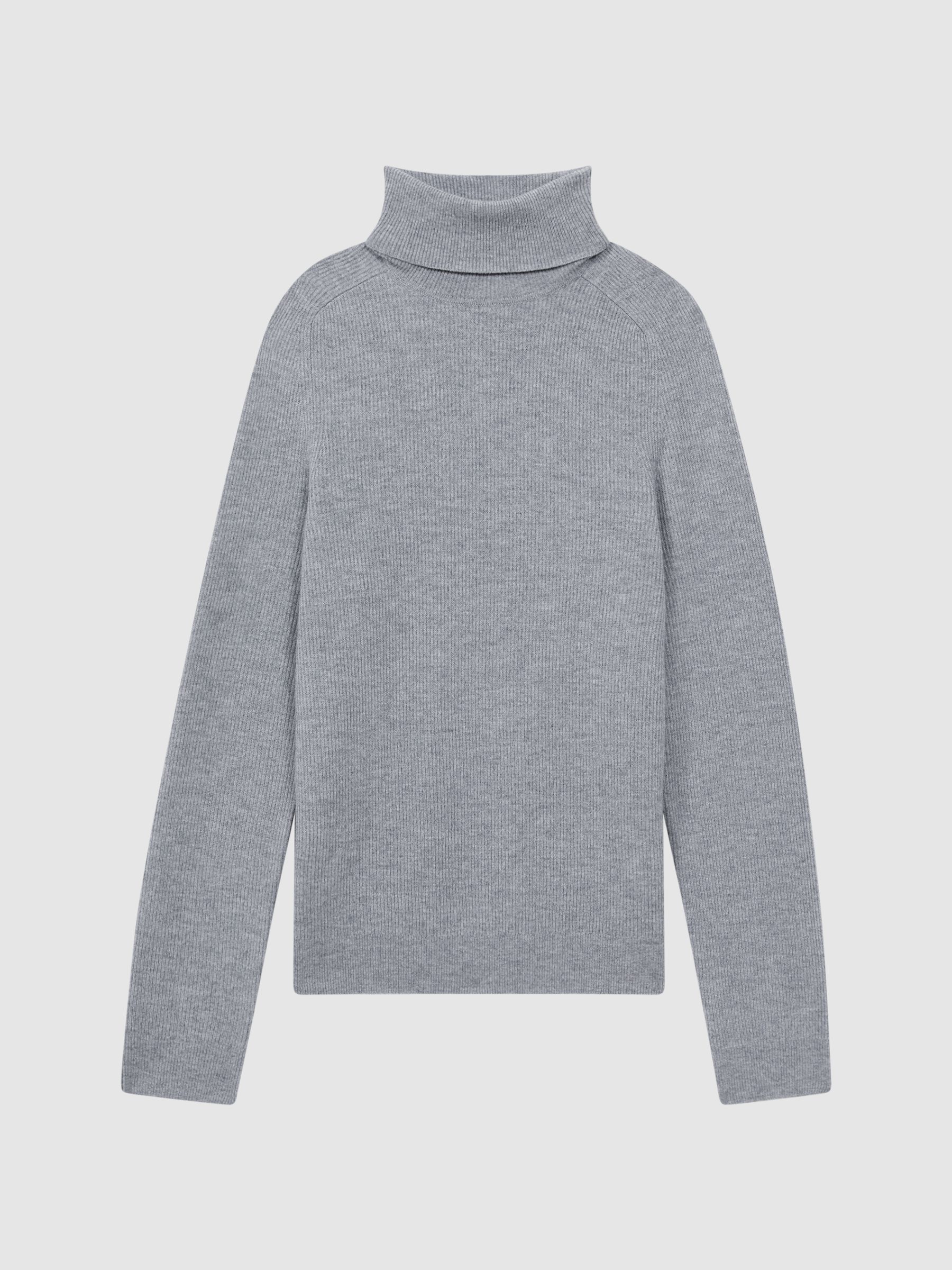 Slim Fit Wool Roll Neck Jumper in Grey Melange - Image 2 of 5