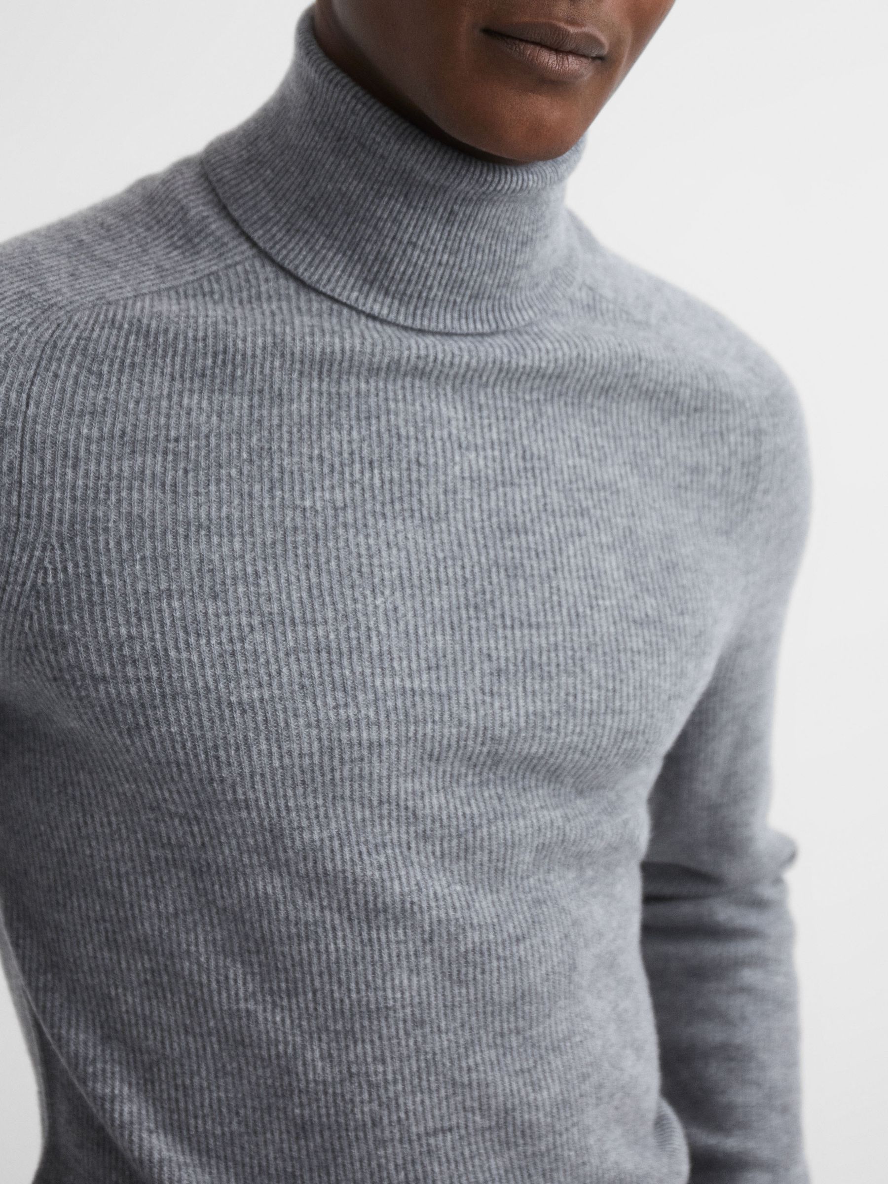 Slim Fit Wool Roll Neck Jumper in Grey Melange - Image 4 of 5