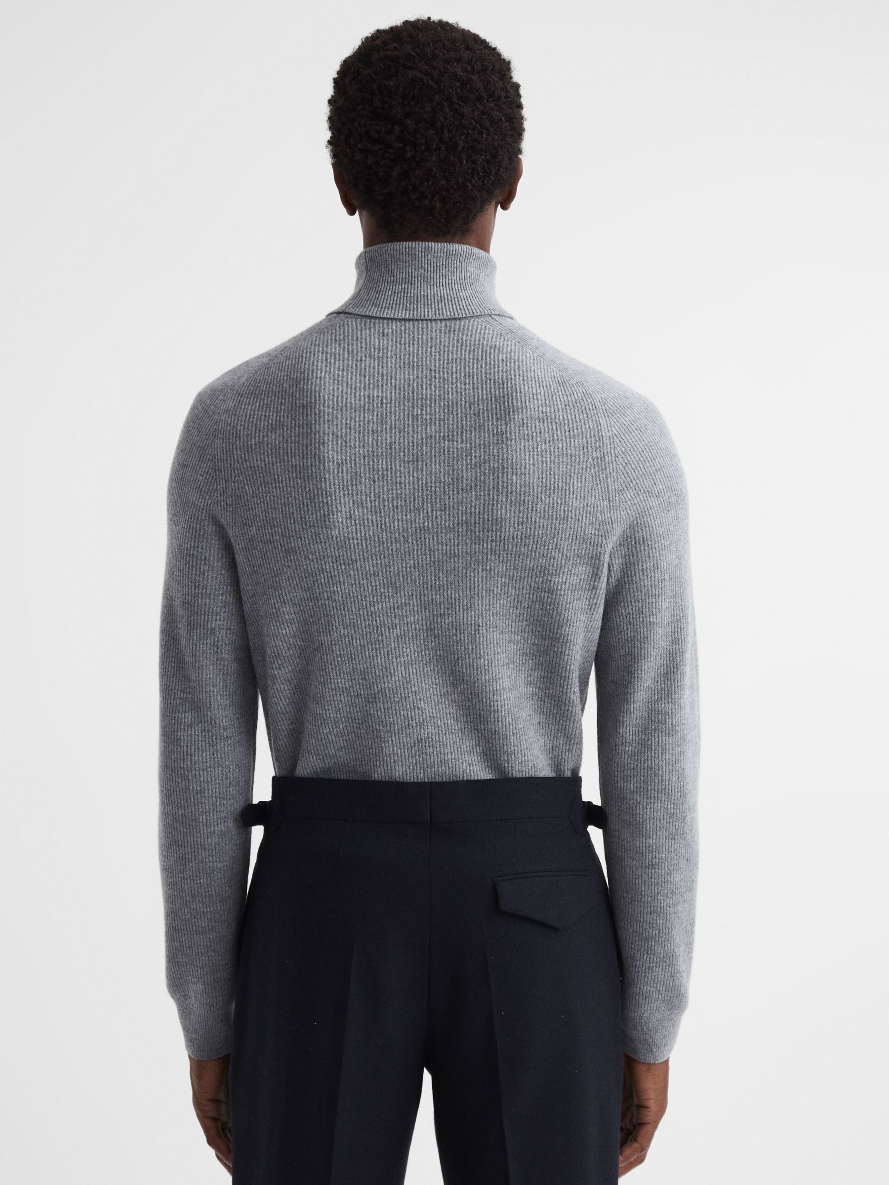 Slim Fit Wool Roll Neck Jumper in Grey Melange - Image 5 of 5