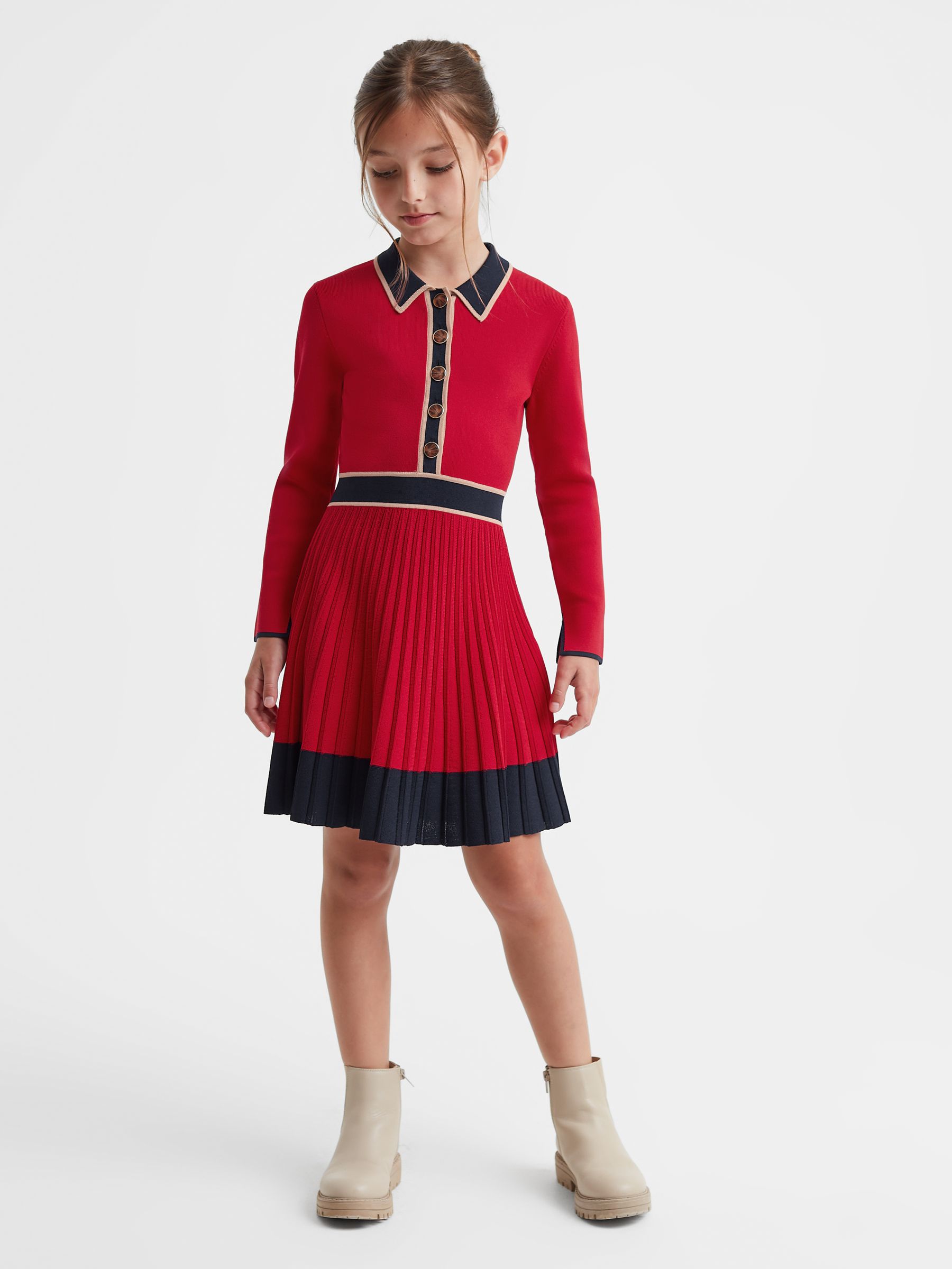 Senior Knitted Polo Skater Dress in Red - Image 1 of 7