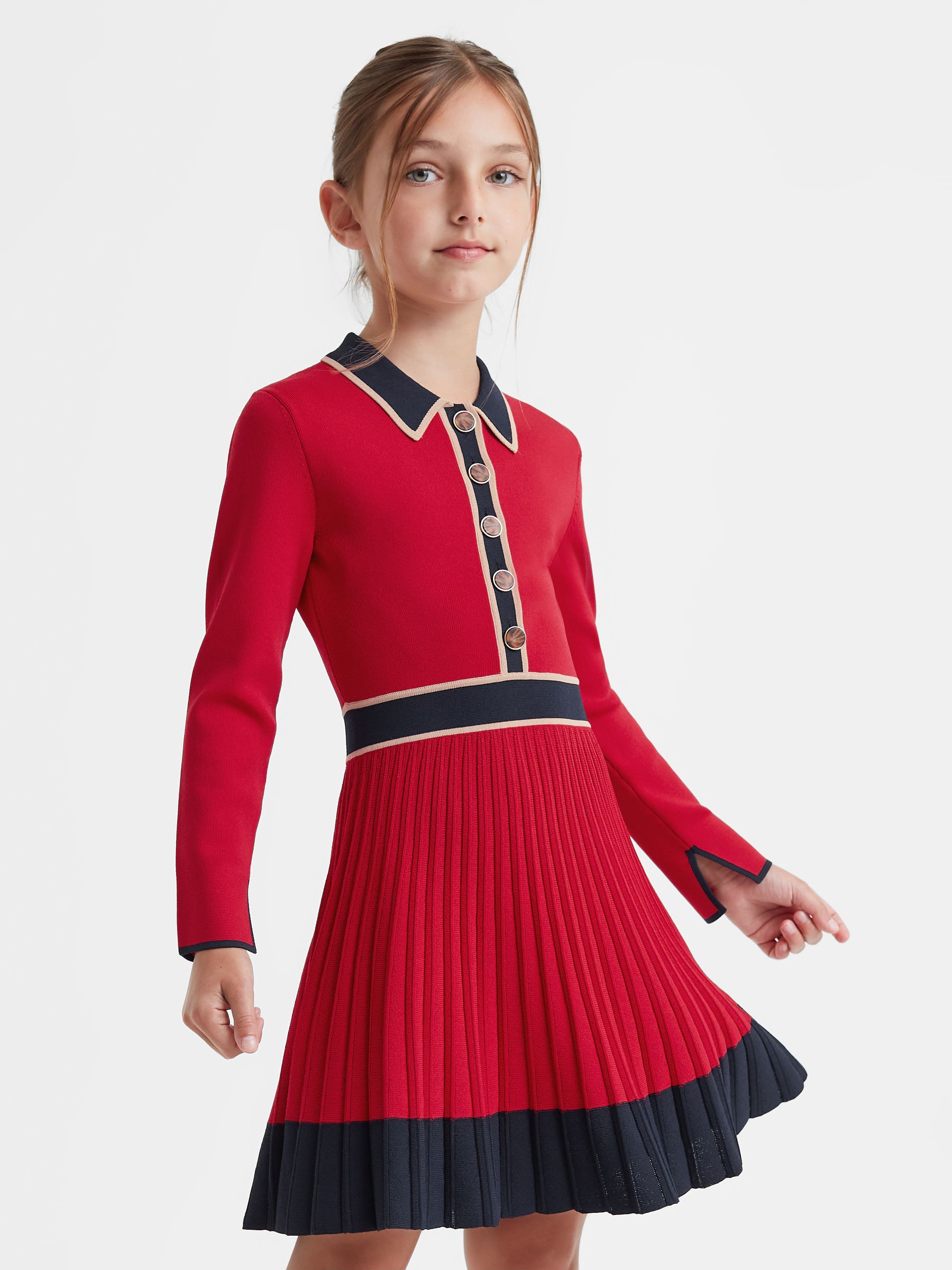 Senior Knitted Polo Skater Dress in Red - Image 3 of 7