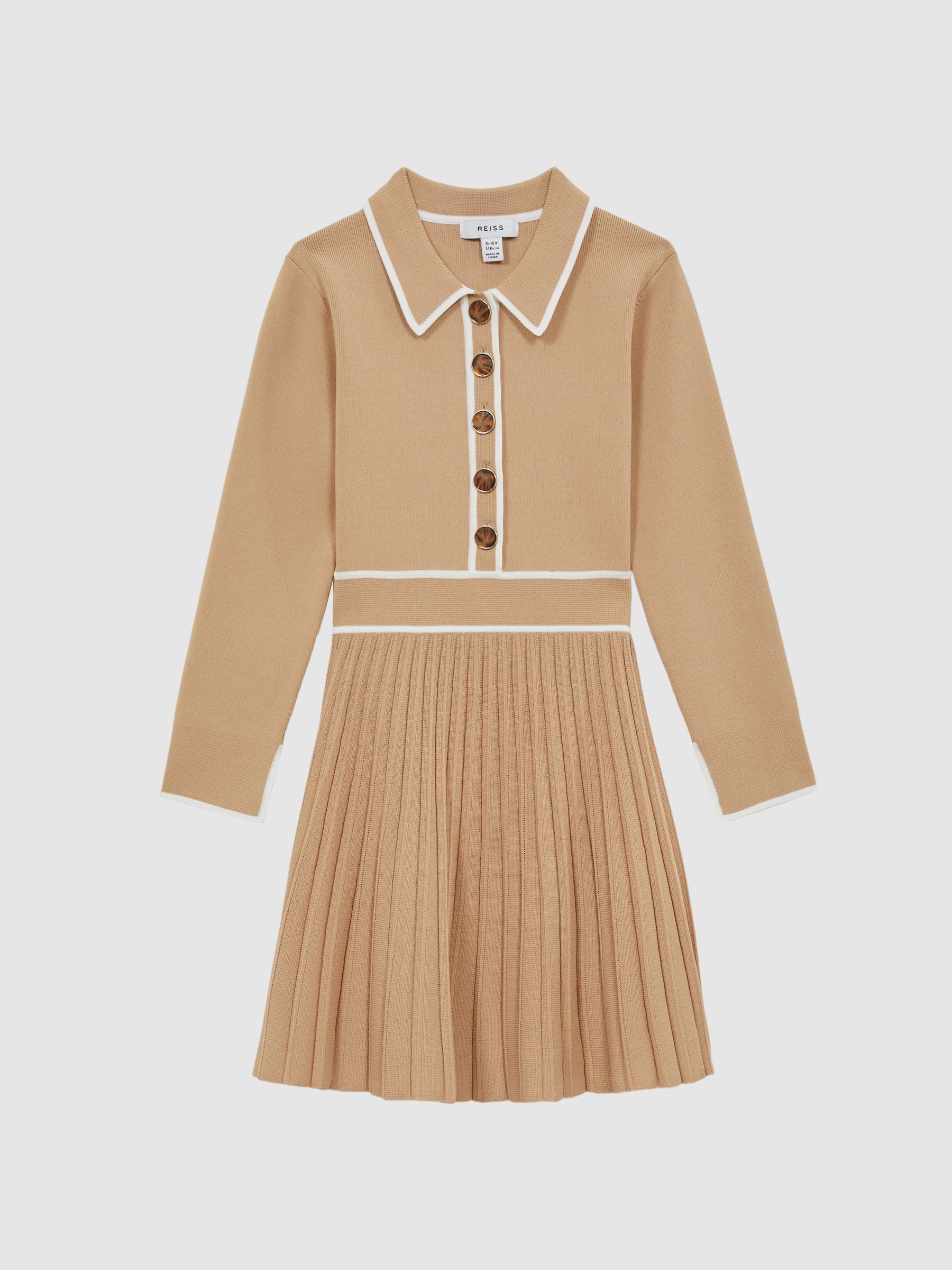 9-14 yrs Knitted Polo Skater Dress in Camel - Image 2 of 6