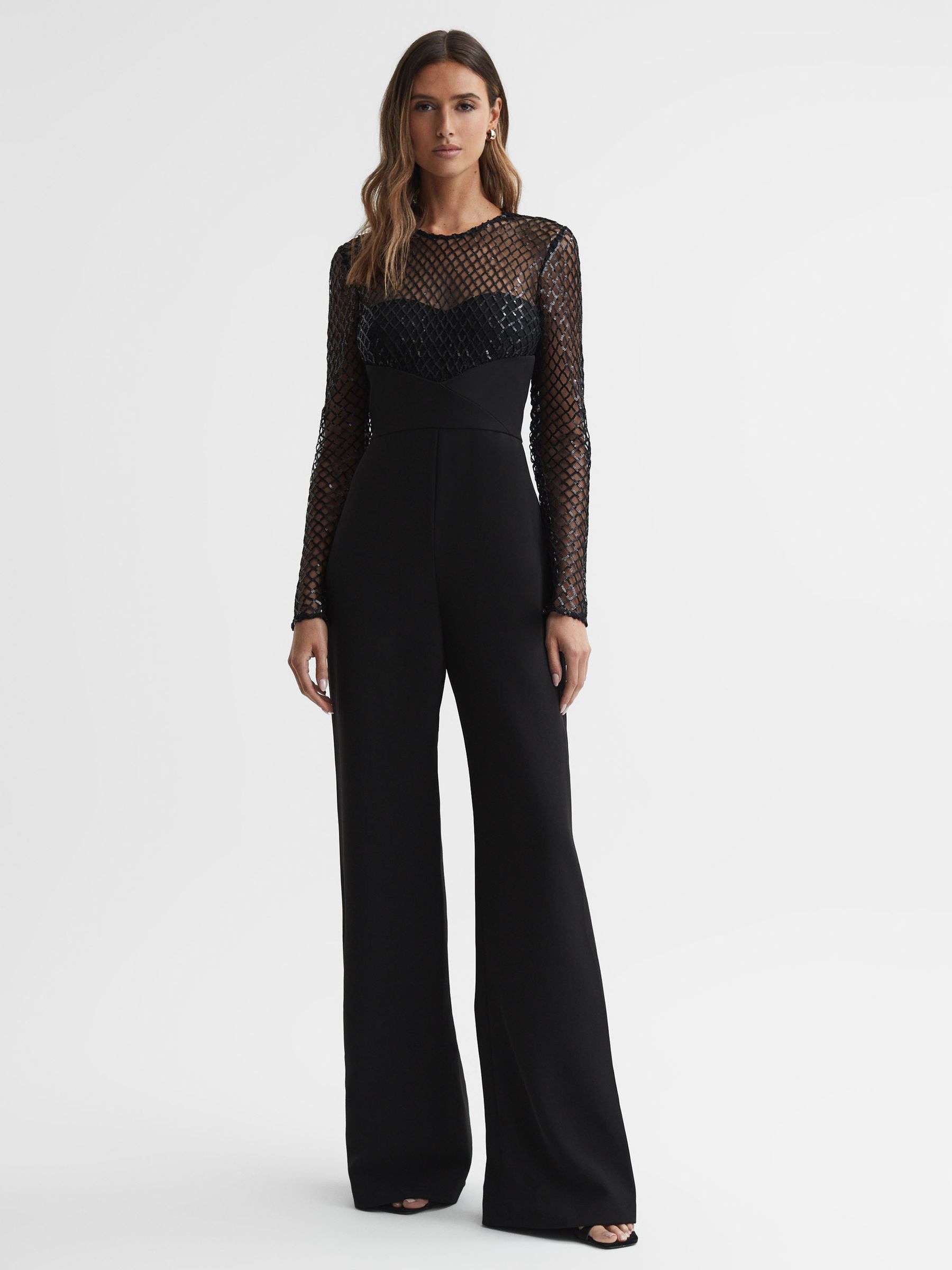 Halston Embellished Lattice Jumpsuit in Black - Image 1 of 5