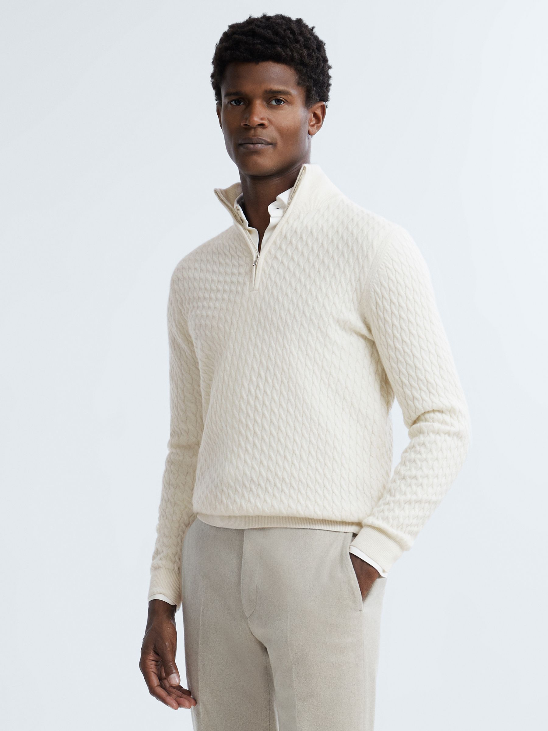 Atelier Cashmere Cable Knit Half-Zip Funnel Neck Jumper in Cloud White - Image 1 of 6