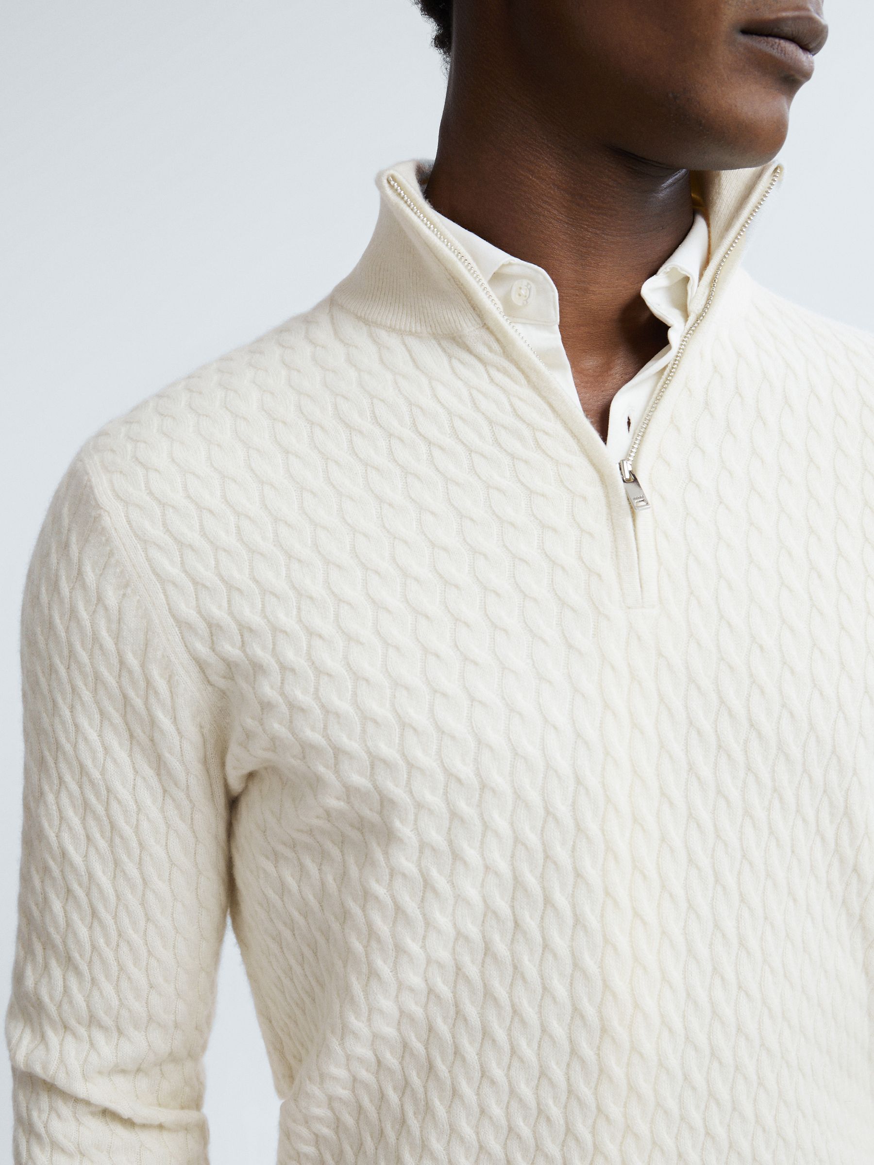 Atelier Cashmere Cable Knit Half-Zip Funnel Neck Jumper in Cloud White