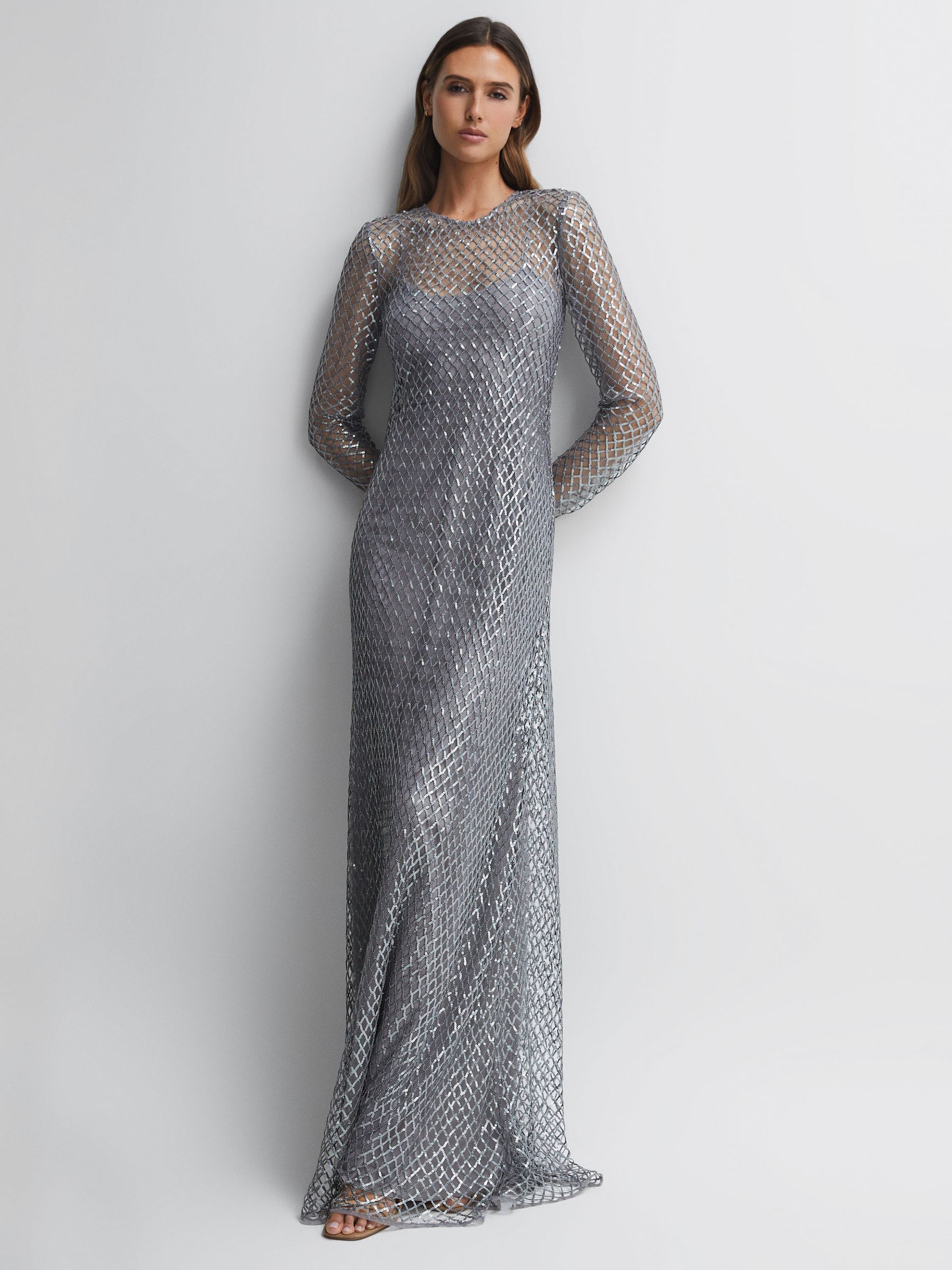 Halston Embellished Lattice Maxi Dress in Gunmetal - Image 1 of 6