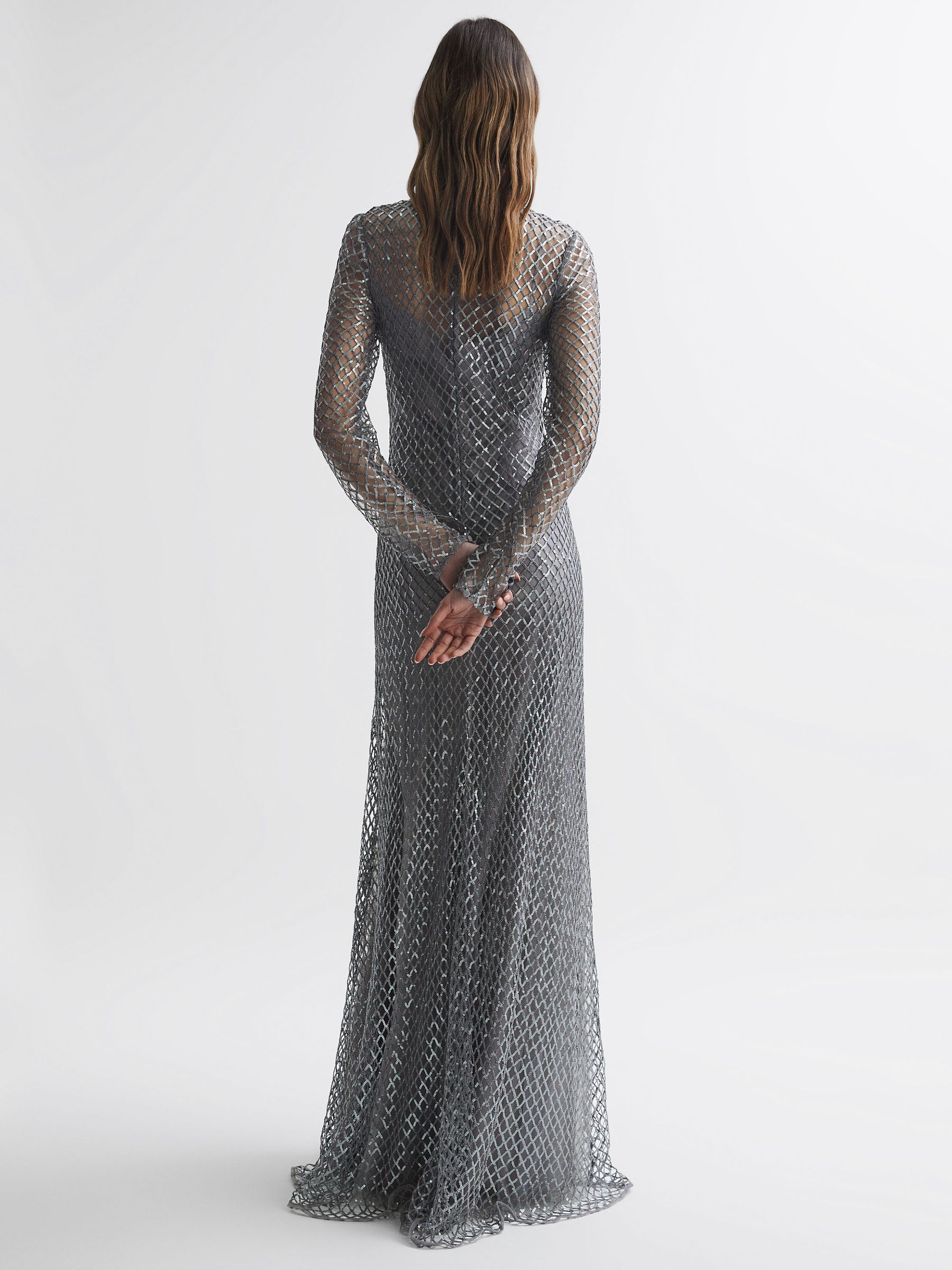 Halston Embellished Lattice Maxi Dress in Gunmetal - Image 4 of 6