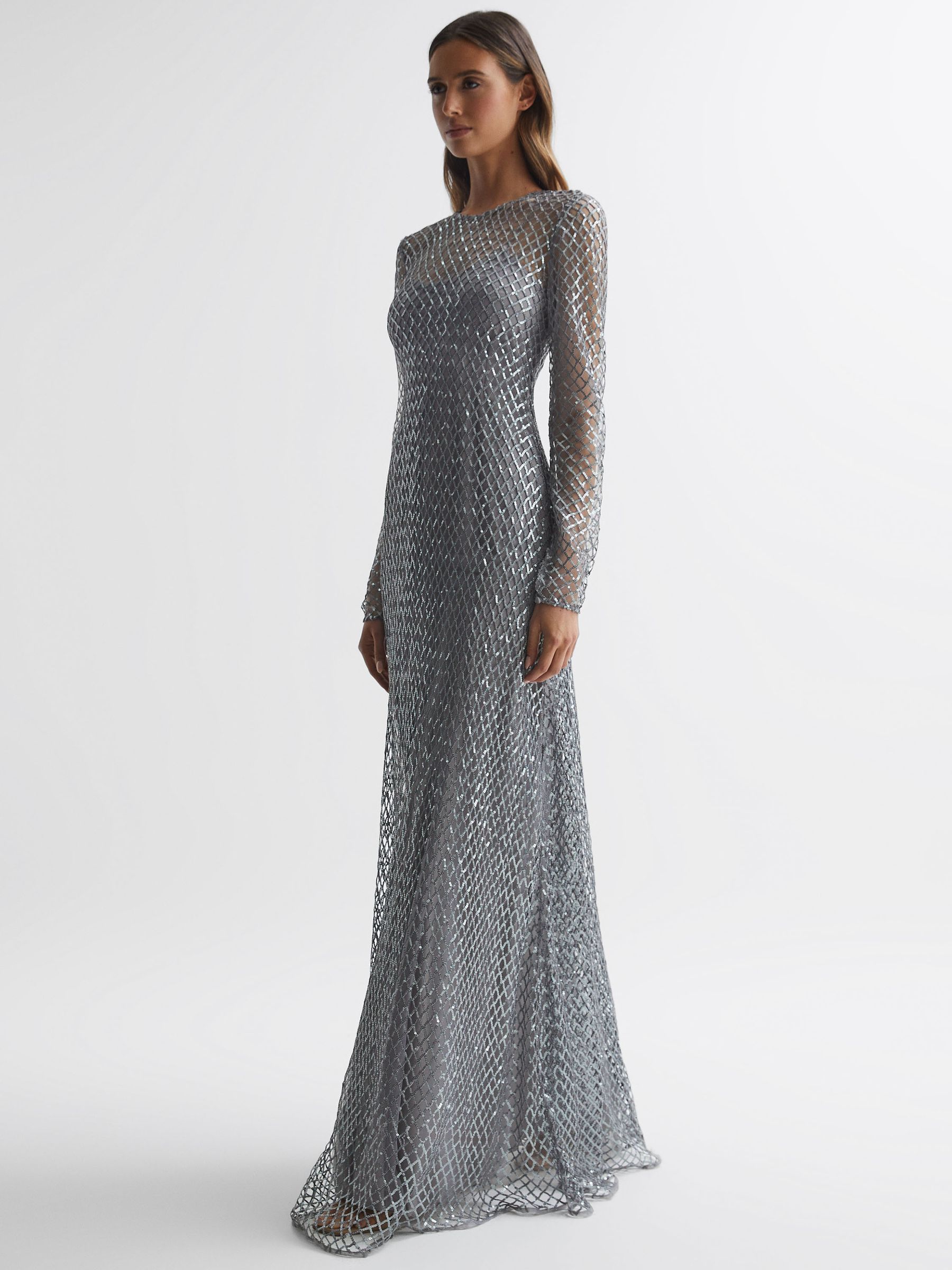 Halston Embellished Lattice Maxi Dress in Gunmetal - Image 5 of 6