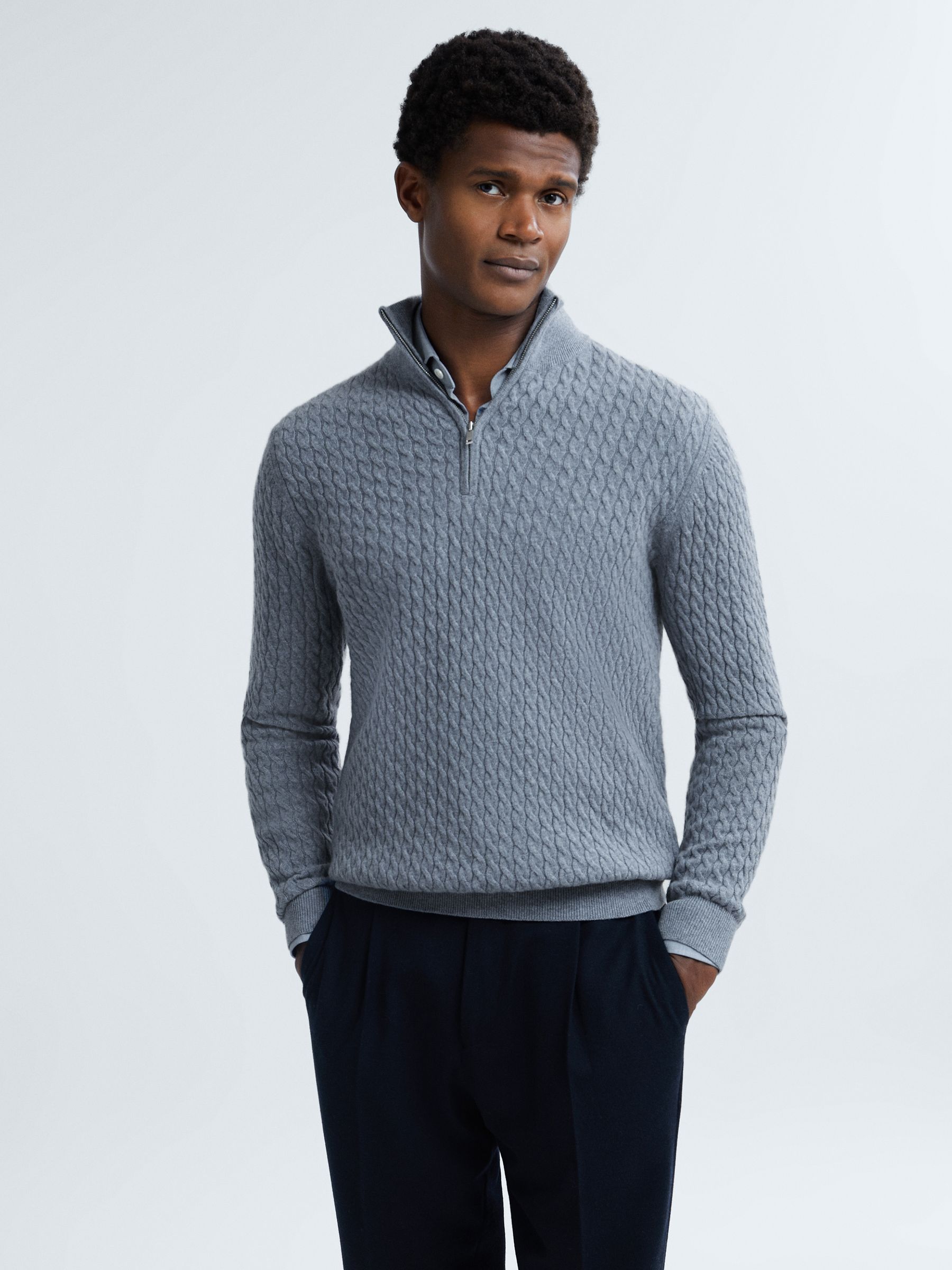 Atelier Cashmere Cable Knit Half-Zip Funnel Neck Jumper in Blue Haze - Image 1 of 7