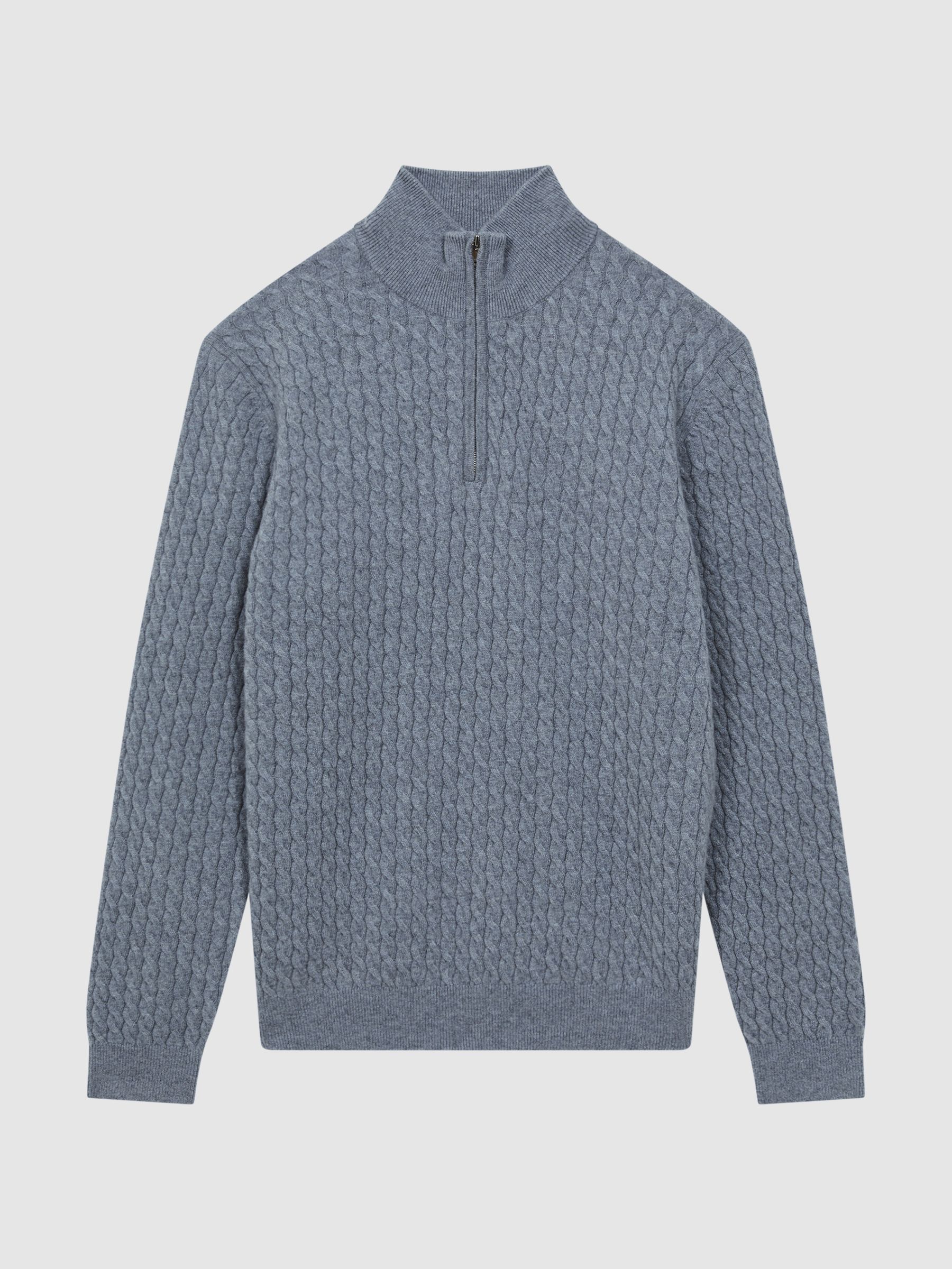 Atelier Cashmere Cable Knit Half-Zip Funnel Neck Jumper in Blue Haze - Image 2 of 7