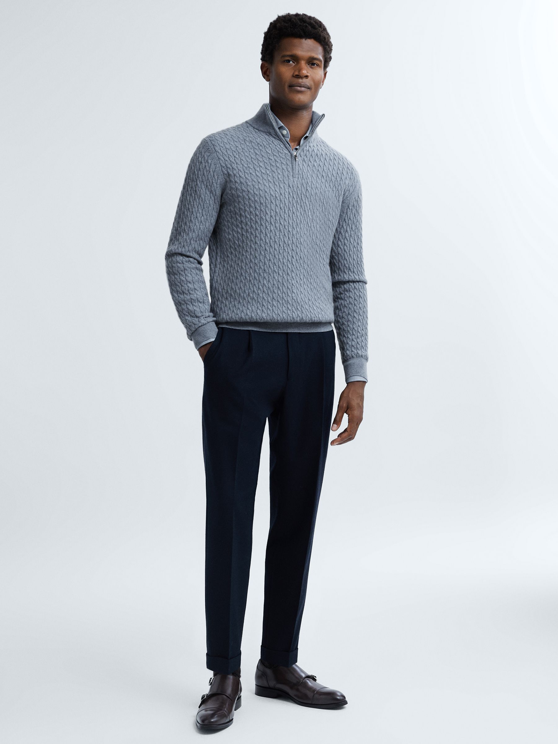 Atelier Cashmere Cable Knit Half-Zip Funnel Neck Jumper in Blue Haze - Image 4 of 7