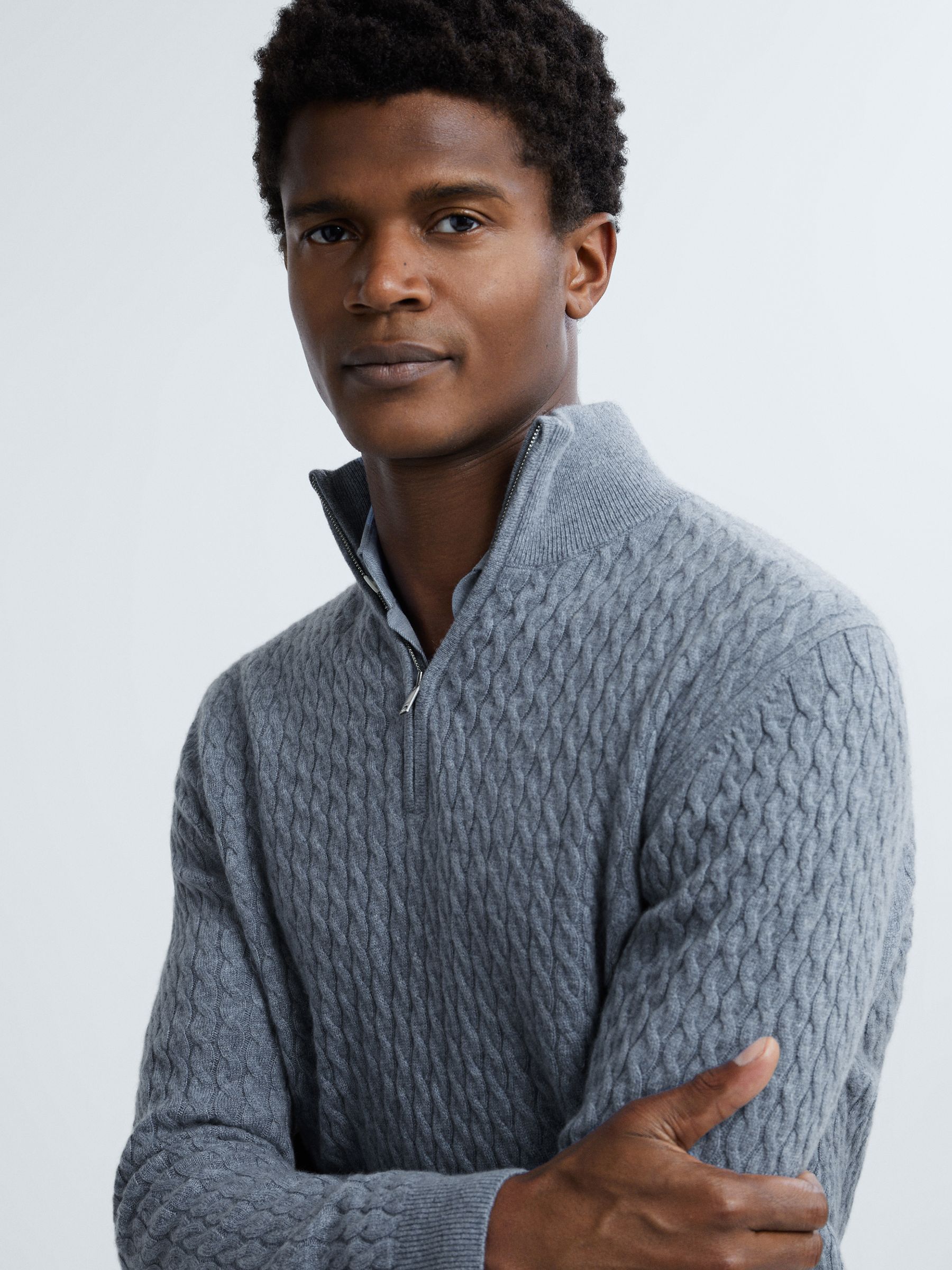 Atelier Cashmere Cable Knit Half-Zip Funnel Neck Jumper in Blue Haze - Image 5 of 7