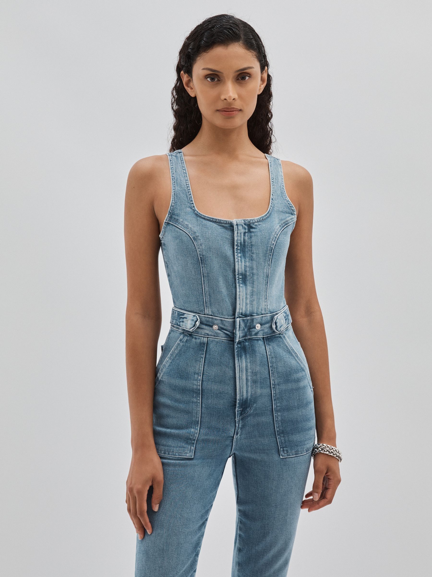 Reiss Good American Denim Jumpsuit in Mid Blue | REISS