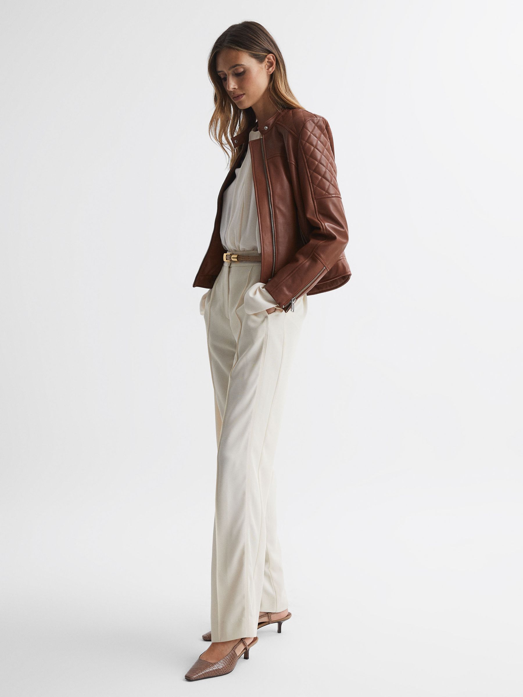 Leather Slingback Heels in Taupe - Image 2 of 5