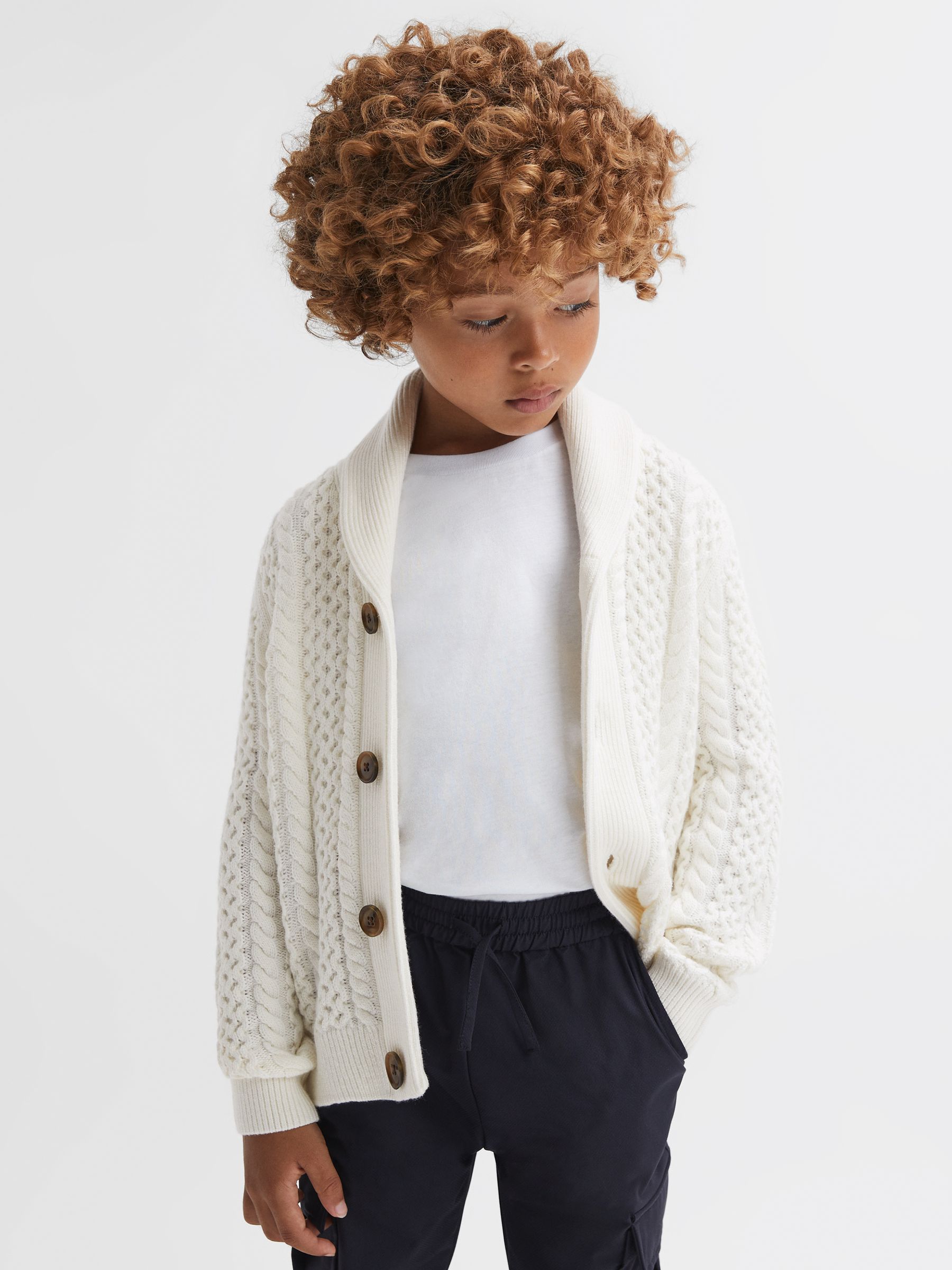 Junior Cable Knitted Cardigan in Ecru - Image 3 of 6