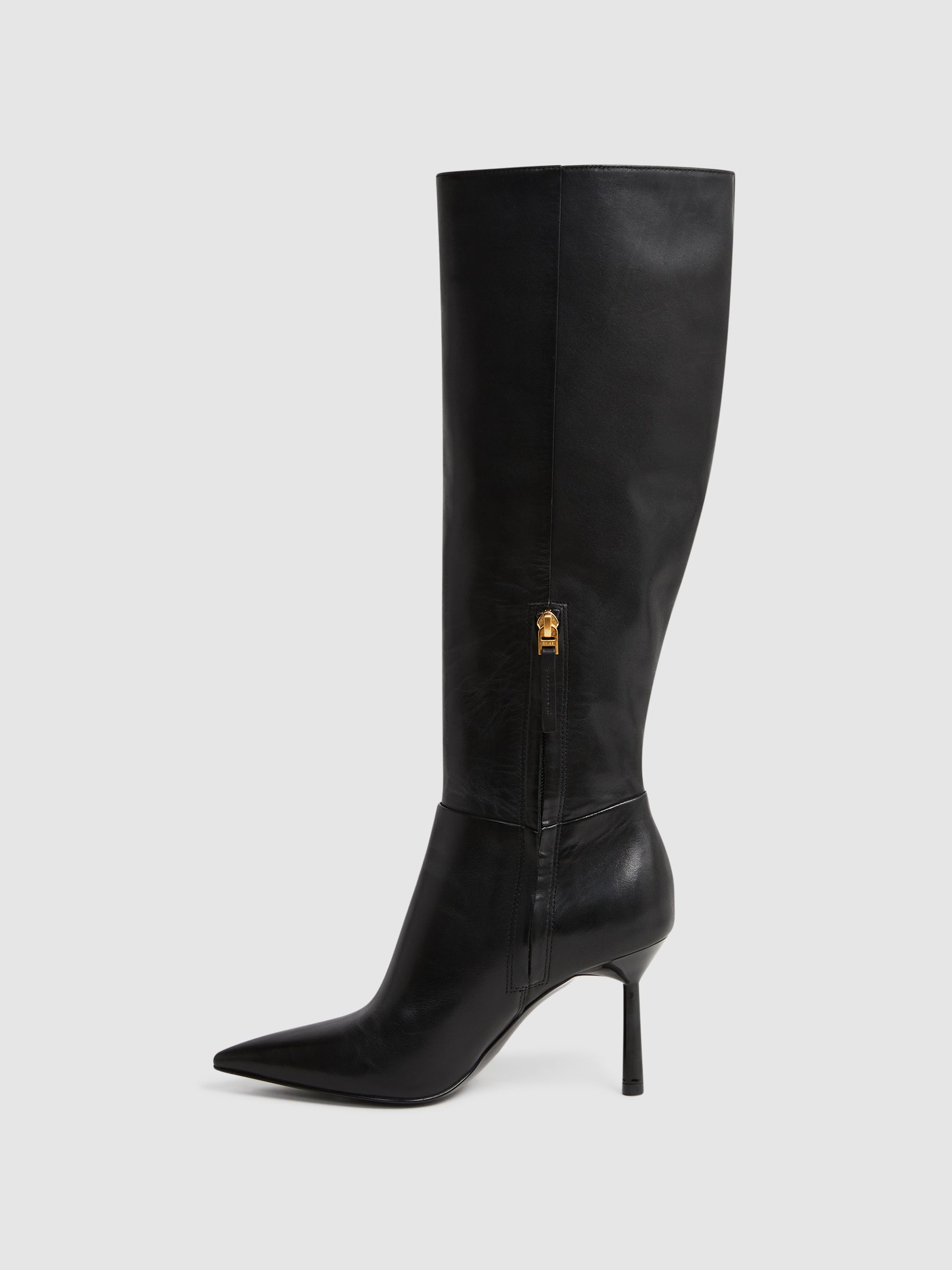 Leather Knee High Heeled Boots in Black - Image 3 of 5