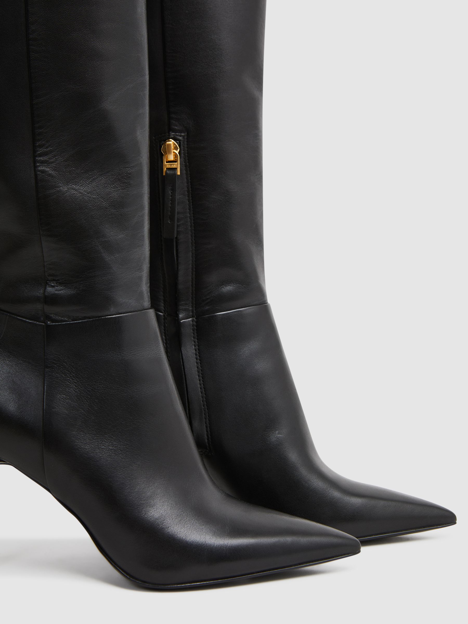 Leather Knee High Heeled Boots in Black - Image 6 of 10