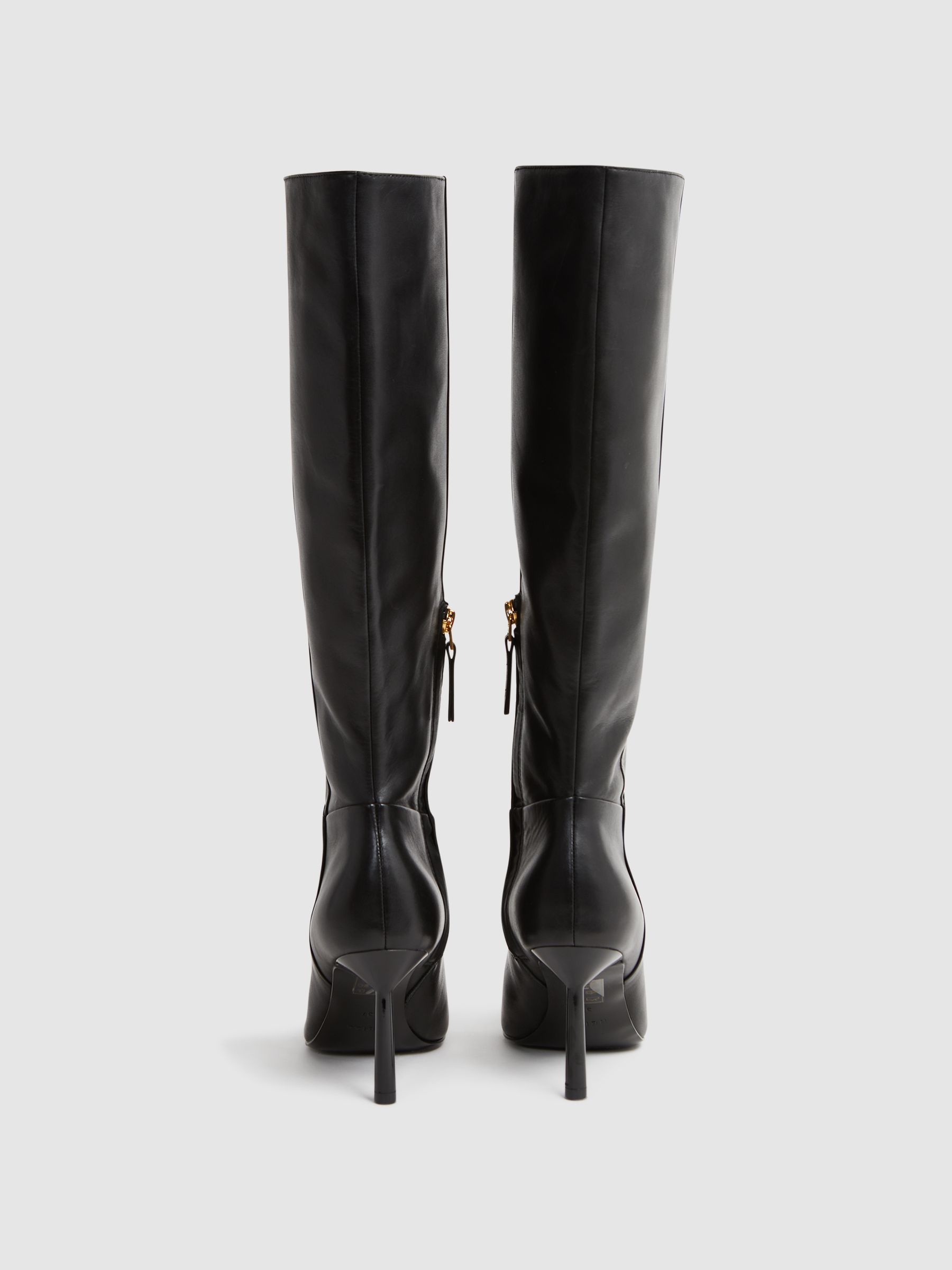 Leather Knee High Heeled Boots in Black - Image 8 of 10