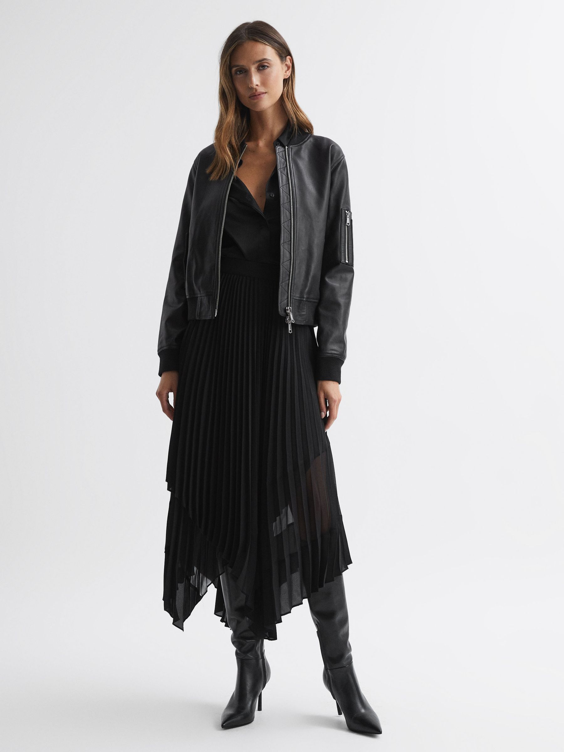 Leather Knee High Heeled Boots in Black - Image 9 of 10