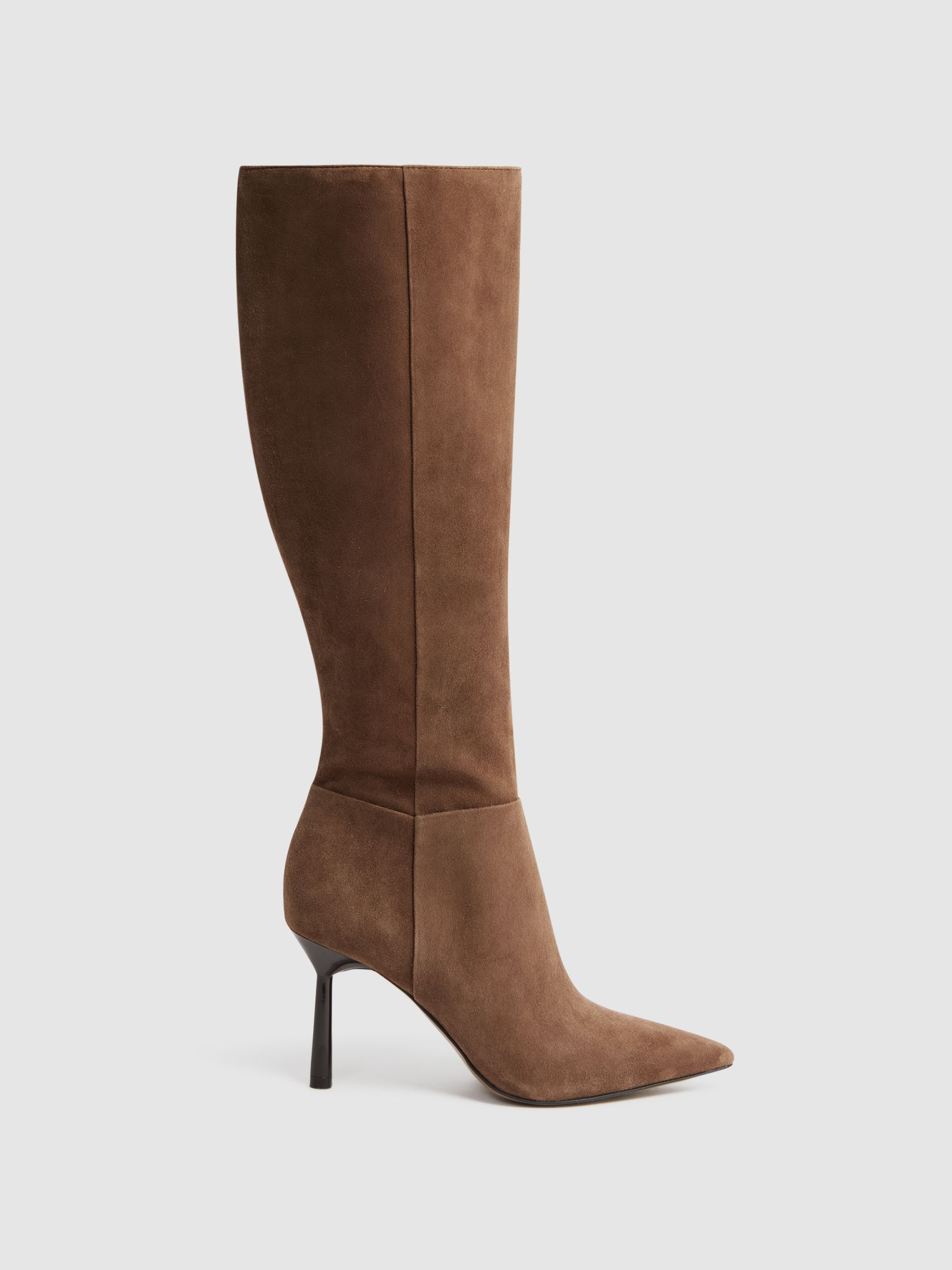 Leather Knee High Heeled Boots in Tan - Image 1 of 5