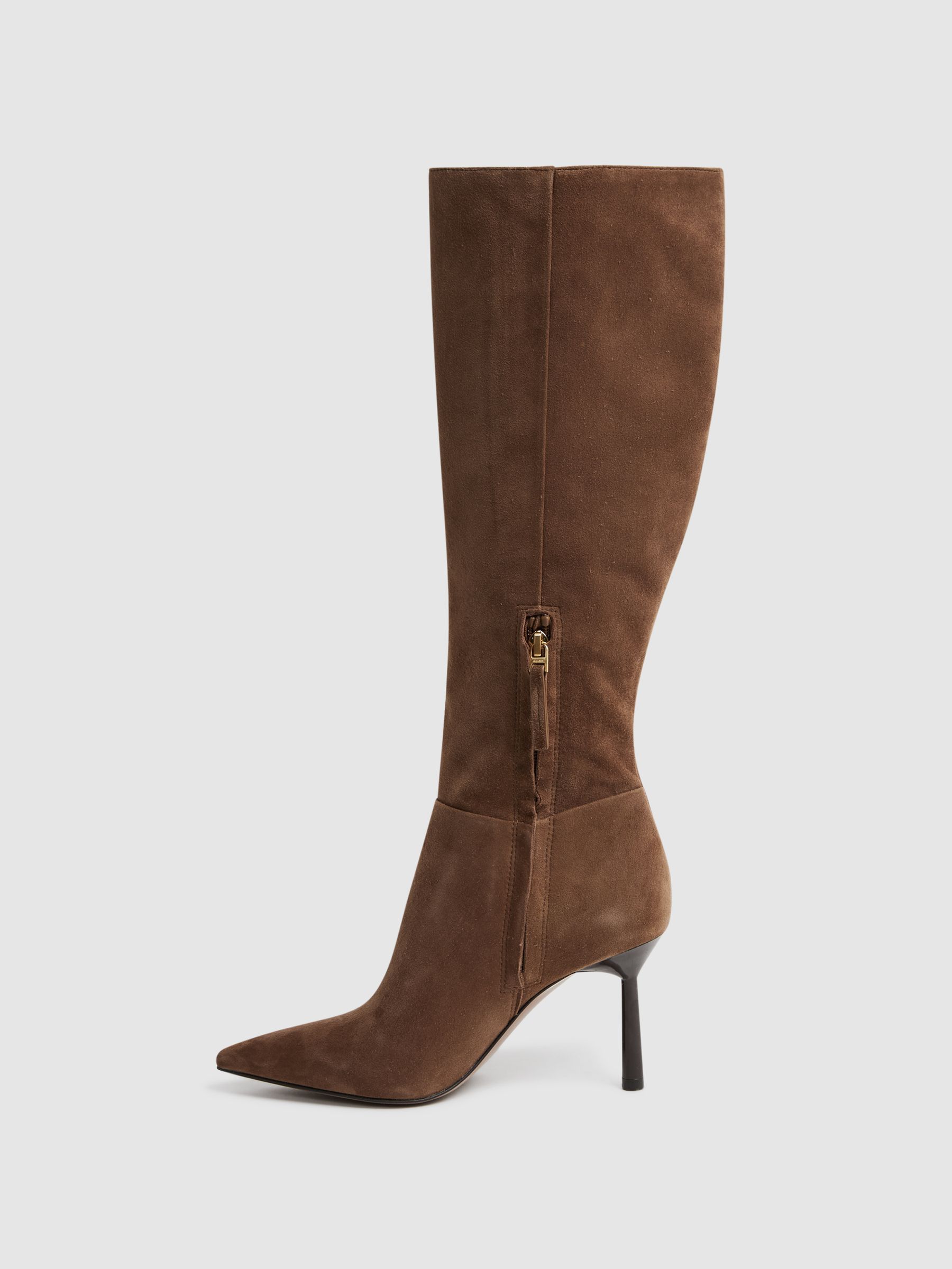 Leather Knee High Heeled Boots in Tan - Image 3 of 5