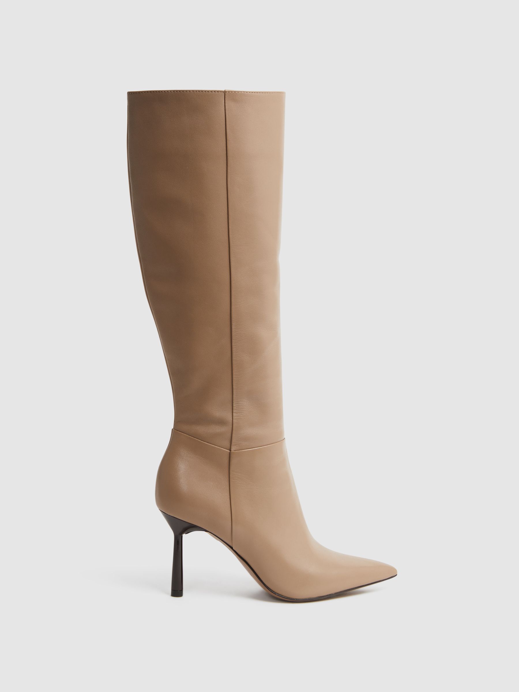 Leather Knee High Heeled Boots in Camel - Image 1 of 5