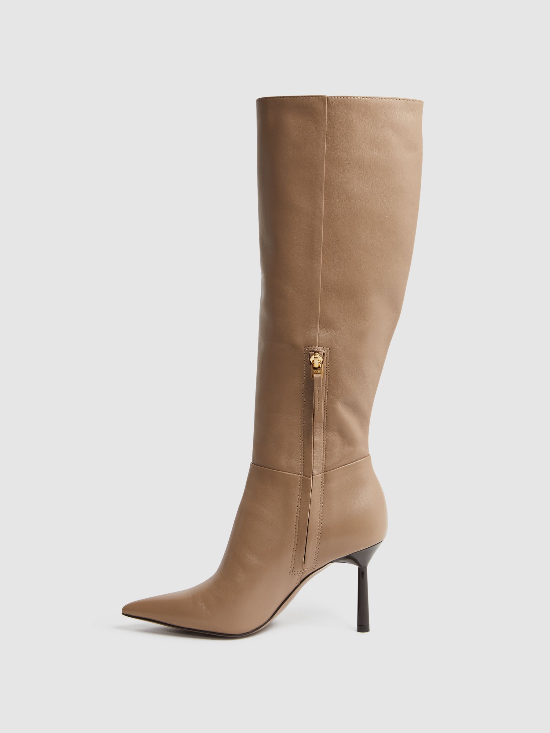 Leather Knee High Heeled Boots in Camel - Image 3 of 5