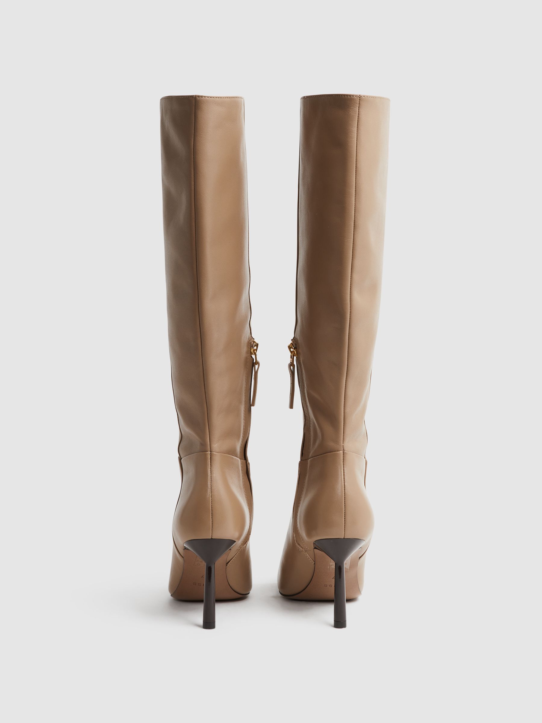 Leather Knee High Heeled Boots in Camel - Image 4 of 5
