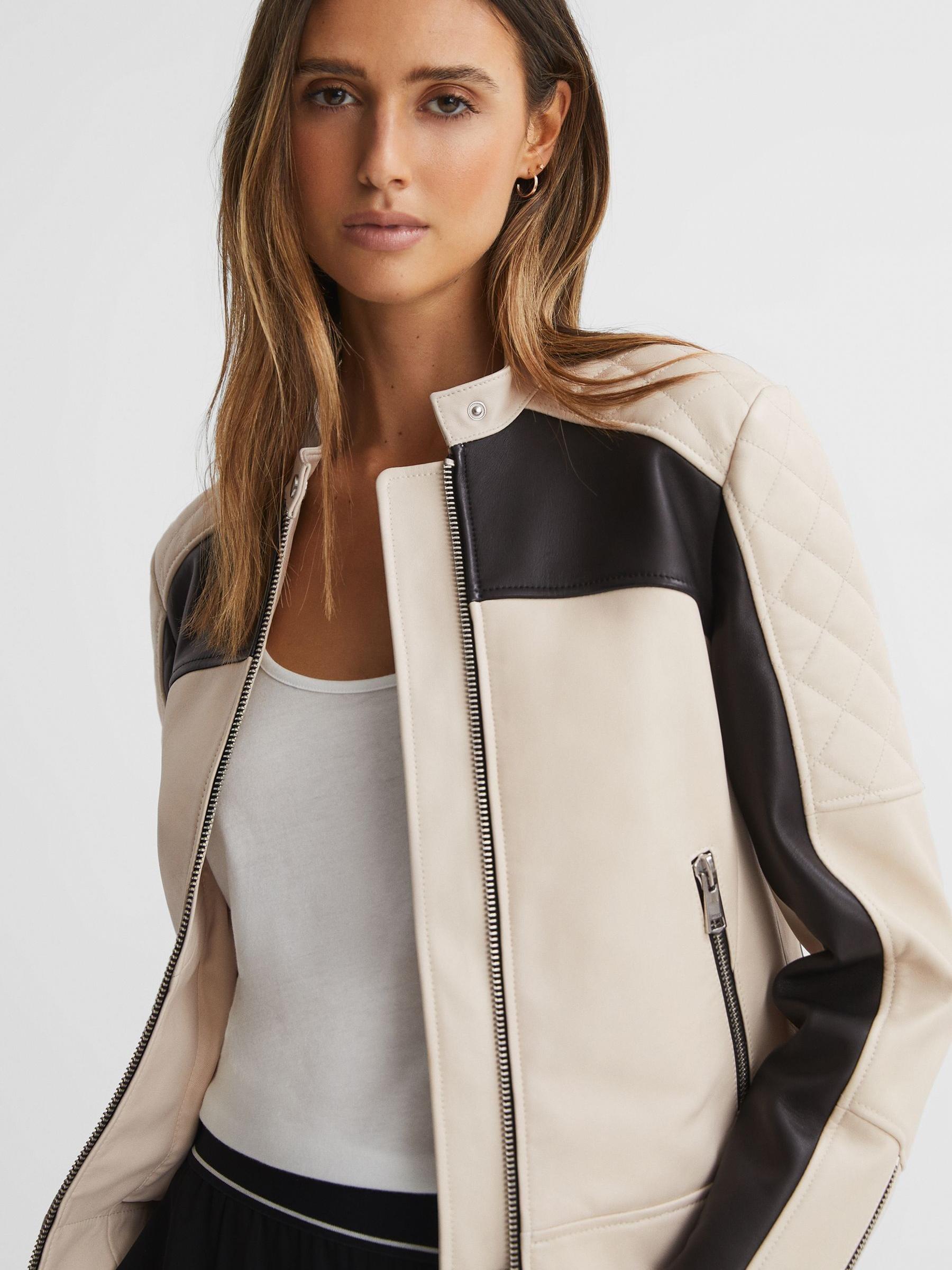 Leather Collarless Quilted Jacket in Black/Neutral - Image 1 of 5