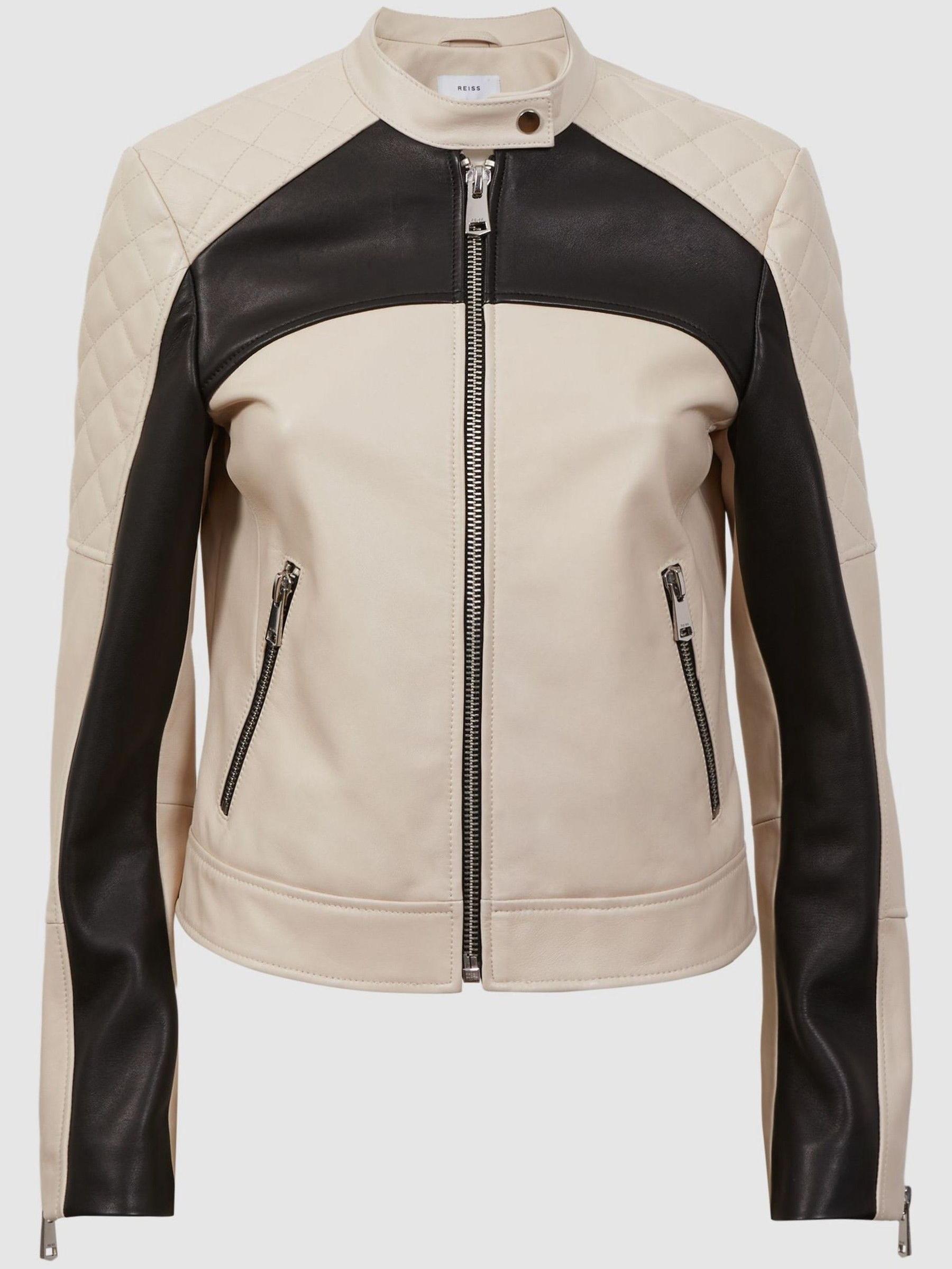 Leather Collarless Quilted Jacket in Black/Neutral - Image 2 of 5