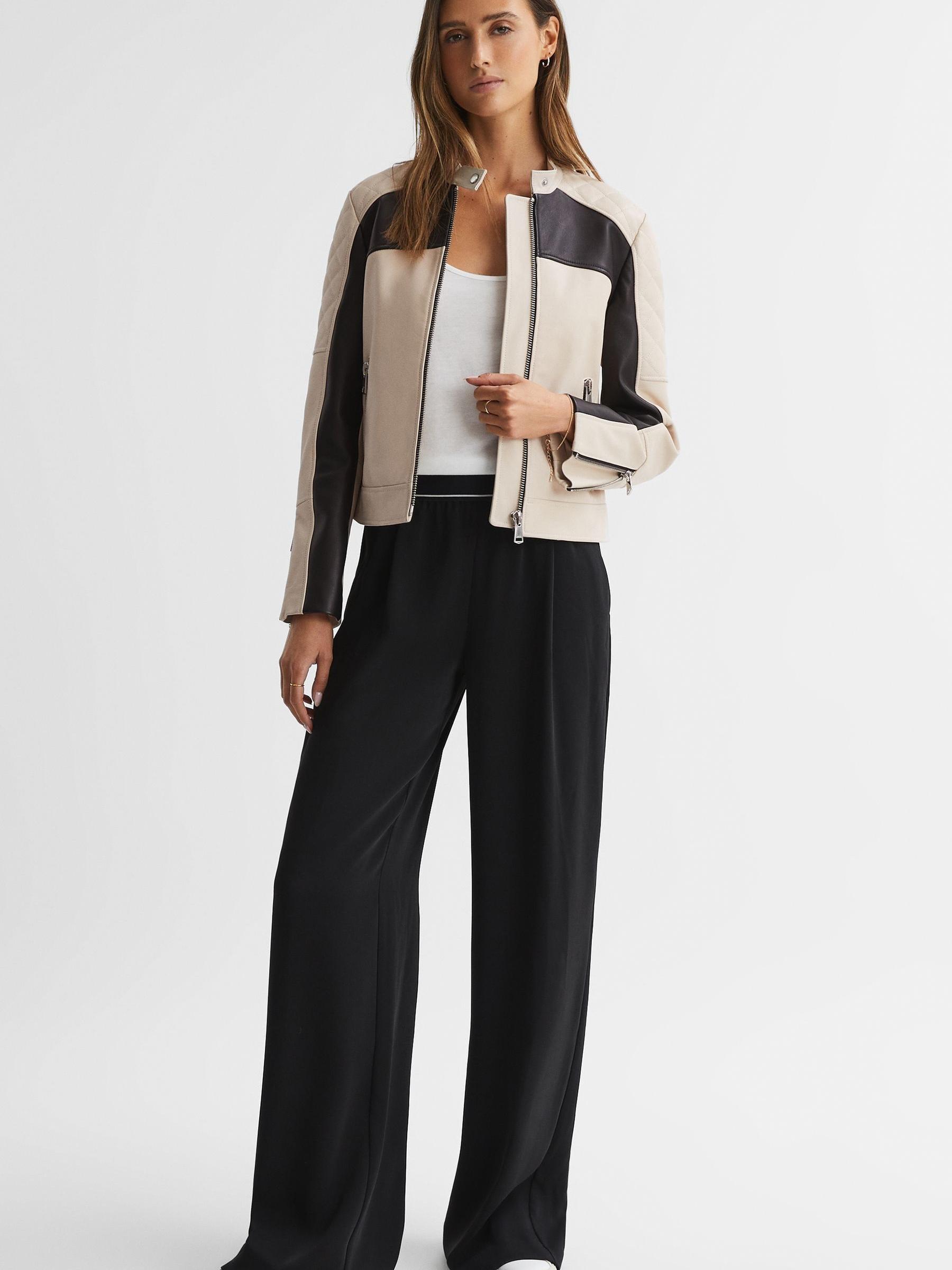 Leather Collarless Quilted Jacket in Black/Neutral - Image 3 of 5