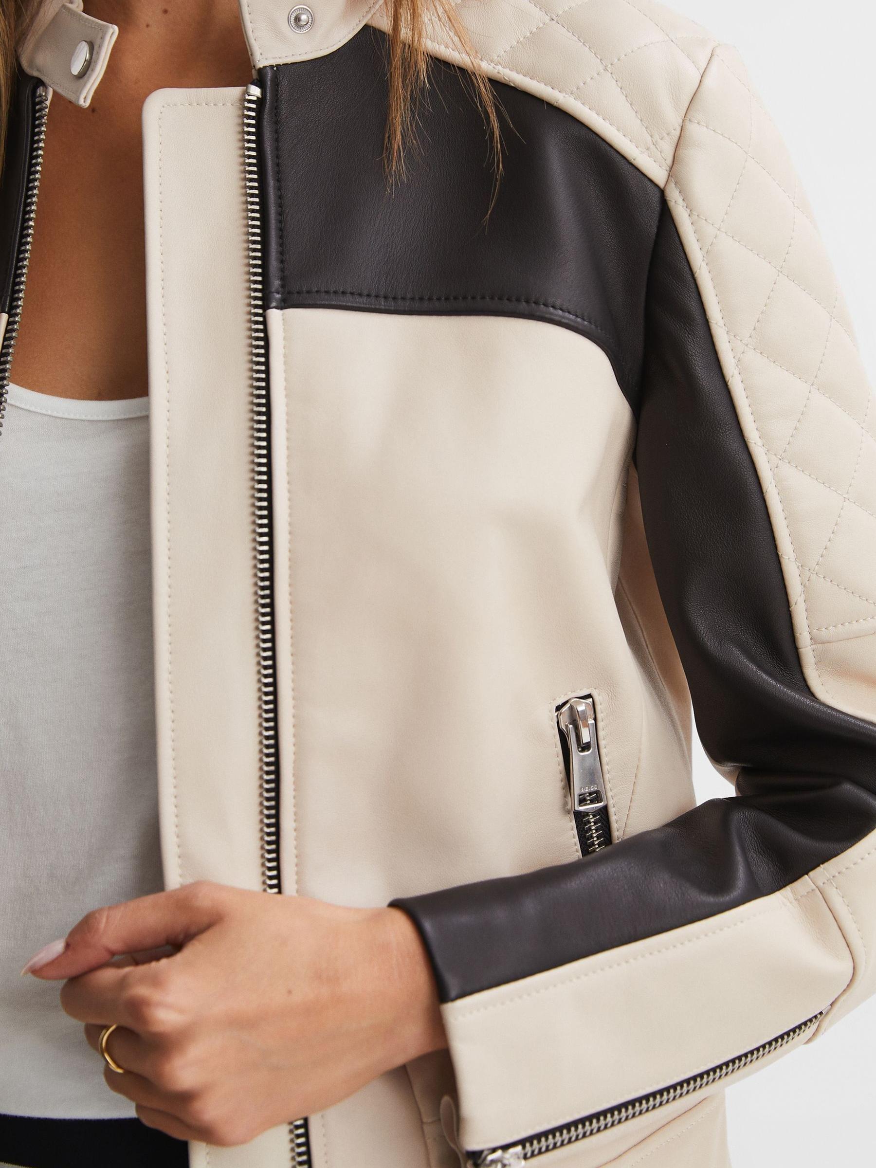 Leather Collarless Quilted Jacket in Black/Neutral - Image 4 of 5