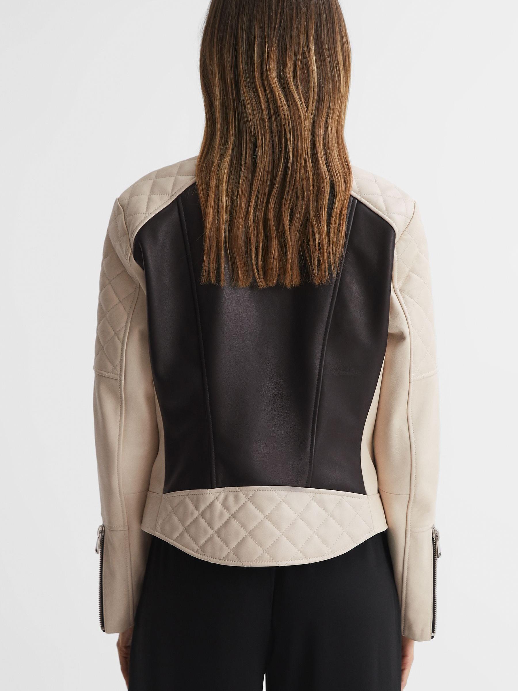 Leather Collarless Quilted Jacket in Black/Neutral - Image 5 of 5
