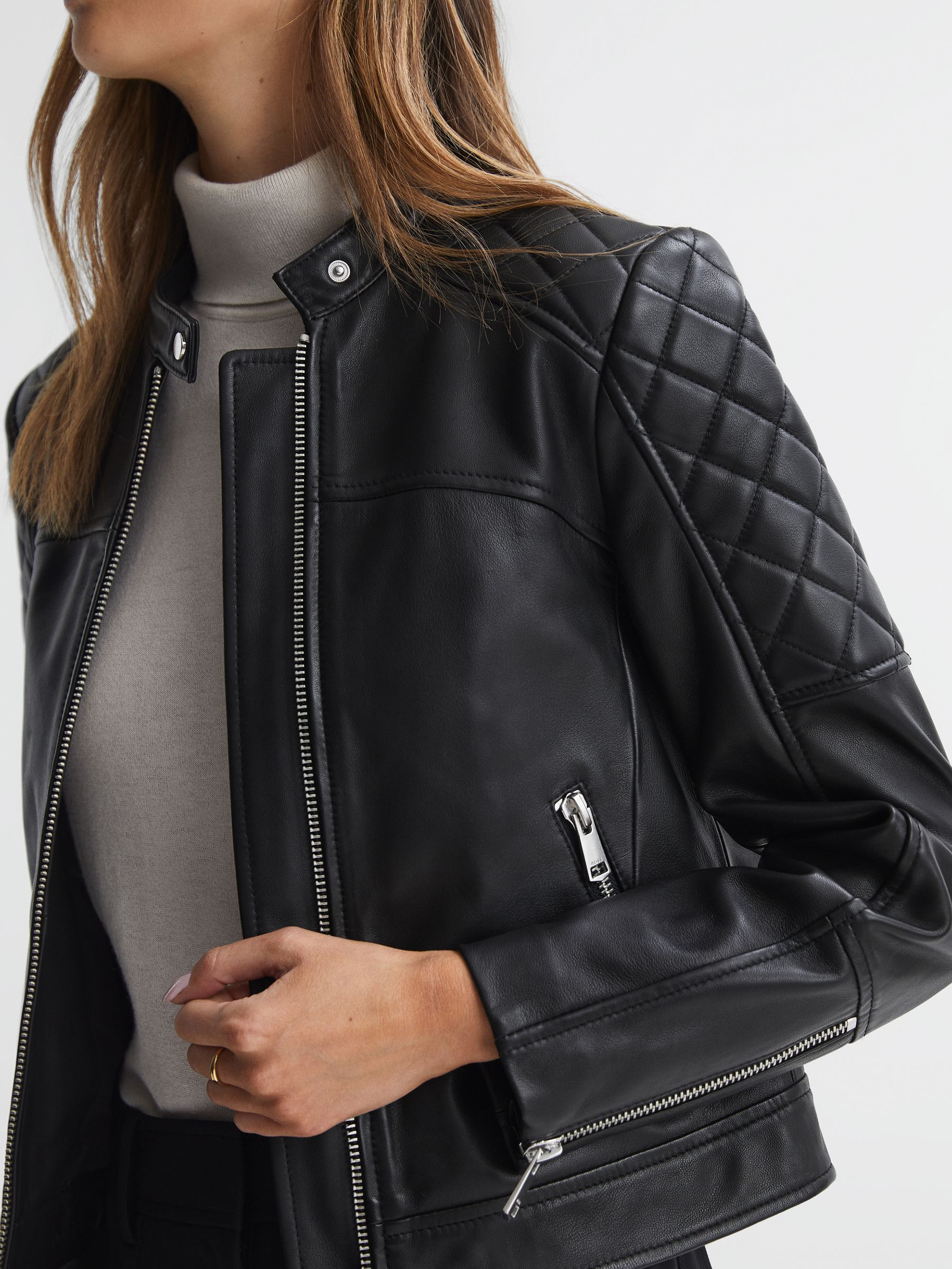 Leather Collarless Quilted Jacket in Black - Image 1 of 5