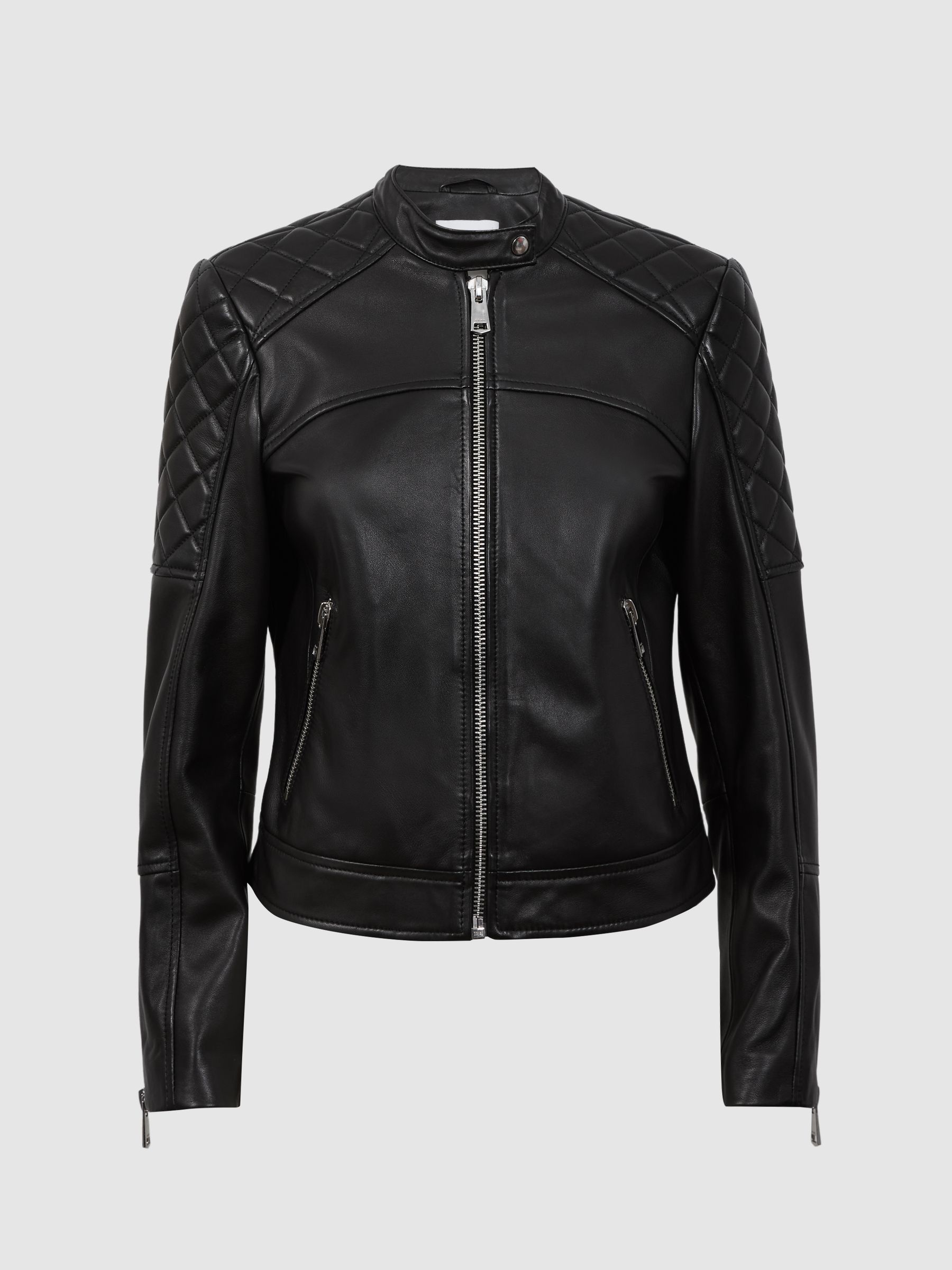 Leather Collarless Quilted Jacket in Black - Image 2 of 5 Leather Collarless Quilted Jacket in Black - Image 2 of 5