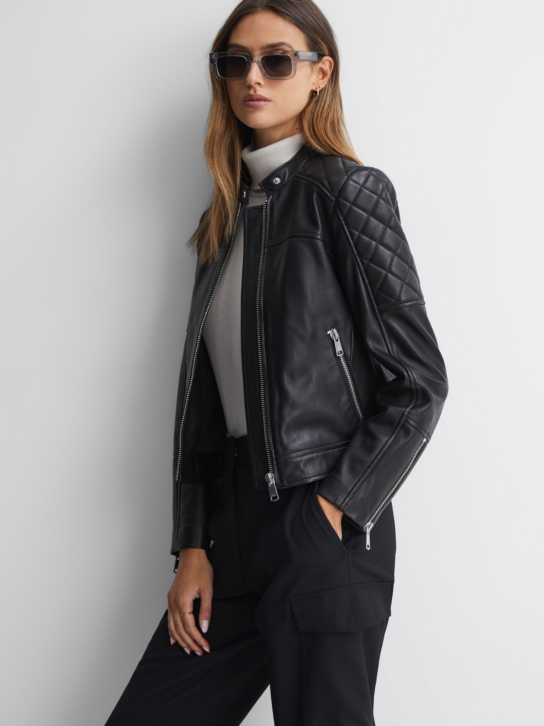 Leather Collarless Quilted Jacket in Black - Image 3 of 5